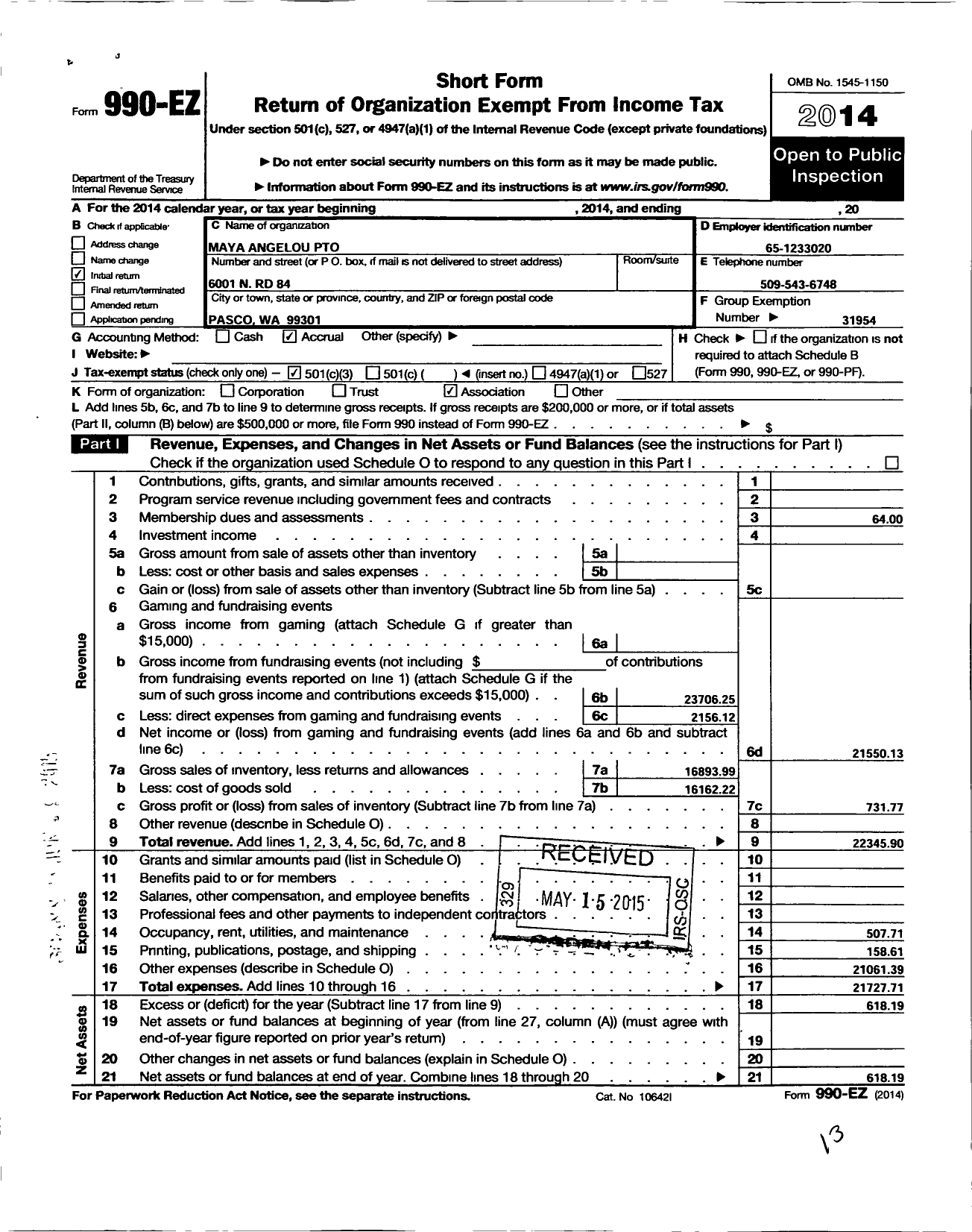 Image of first page of 2014 Form 990EZ for Maya Angelou Elementary Pto