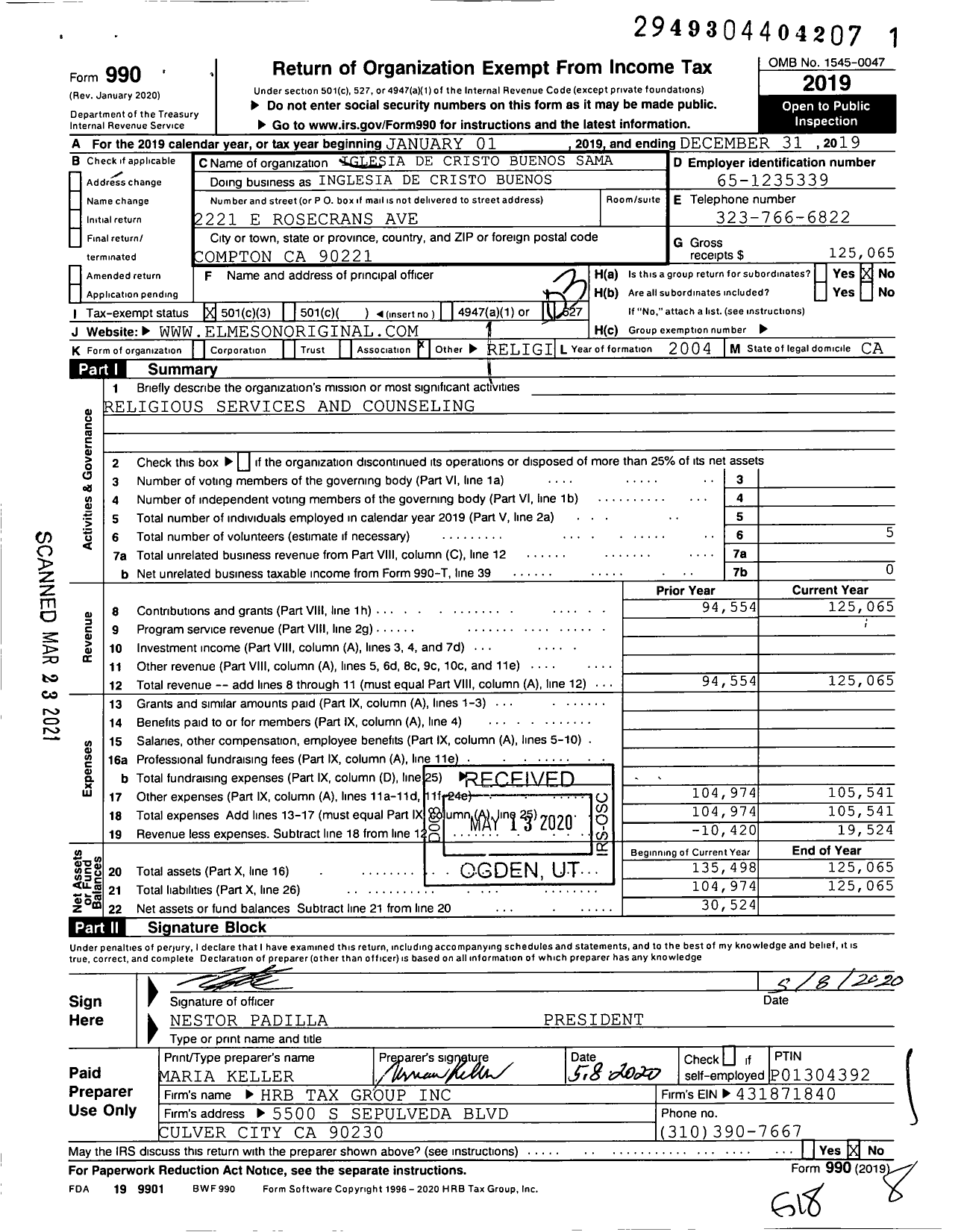 Image of first page of 2019 Form 990 for Iglesia de Cristo Buenos Samaritanos