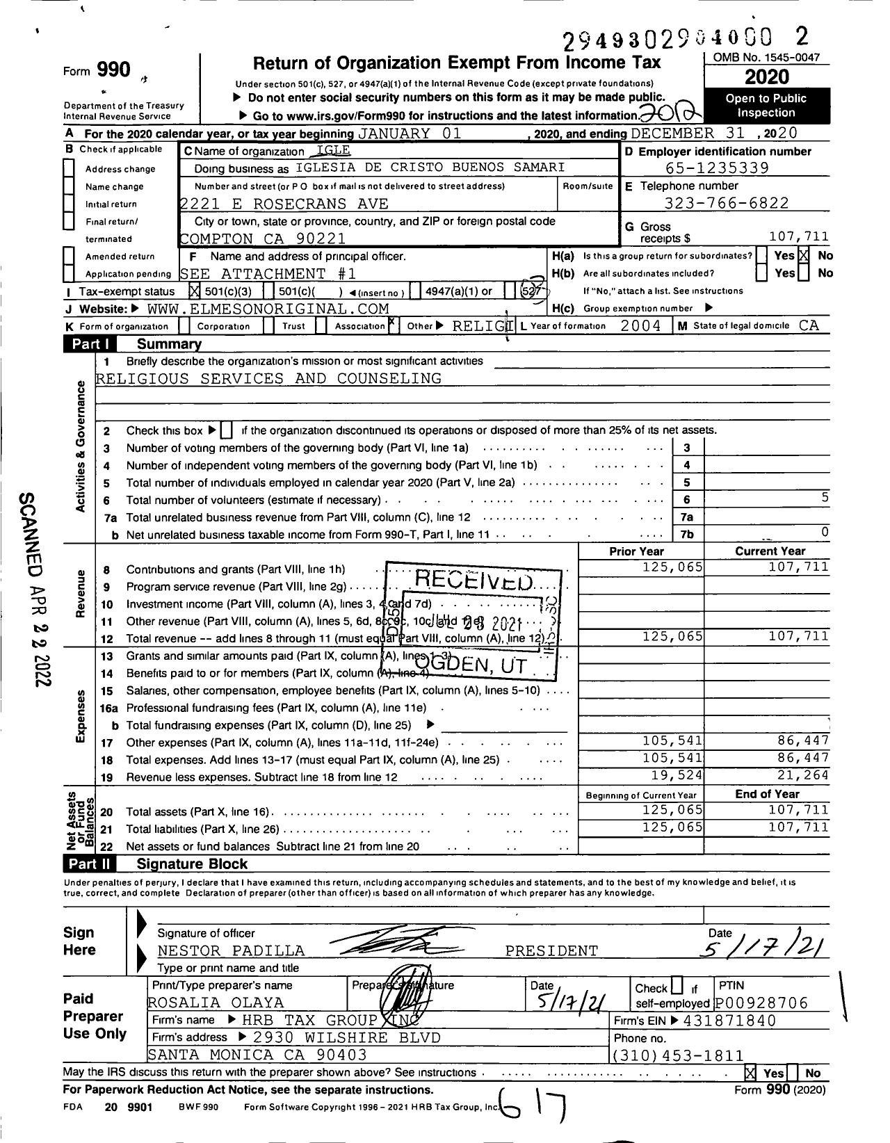 Image of first page of 2020 Form 990 for Iglesia de Cristo Buenos Samaritanos