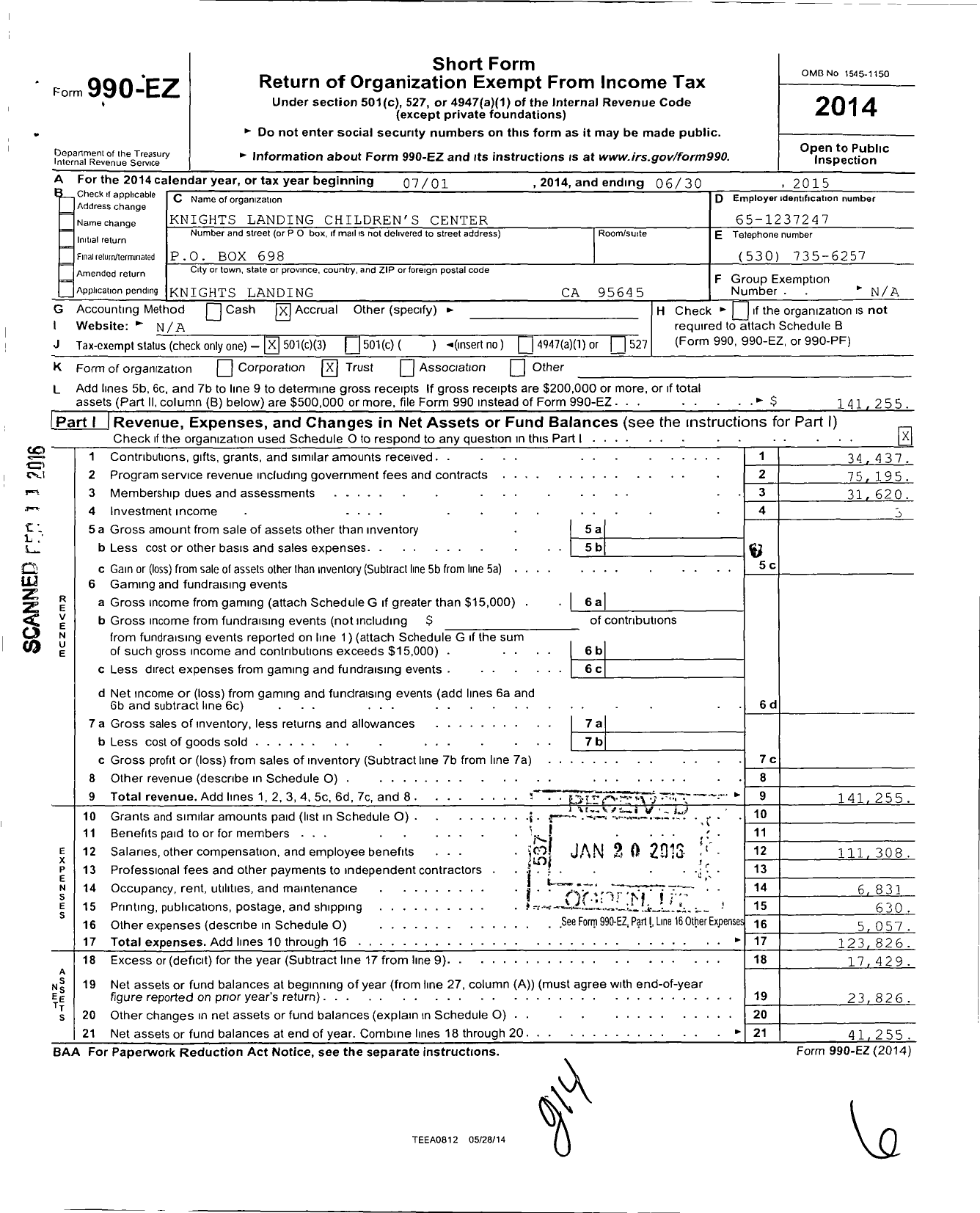 Image of first page of 2014 Form 990EZ for Knights Landing Childrens Center