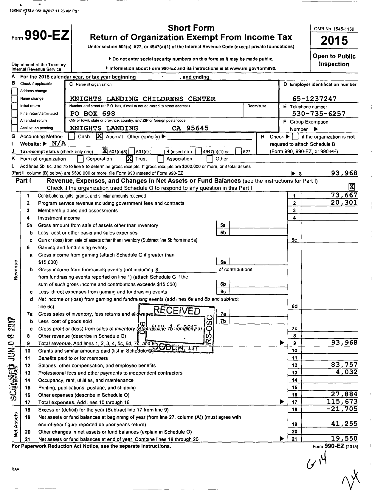 Image of first page of 2015 Form 990EZ for Knights Landing Childrens Center