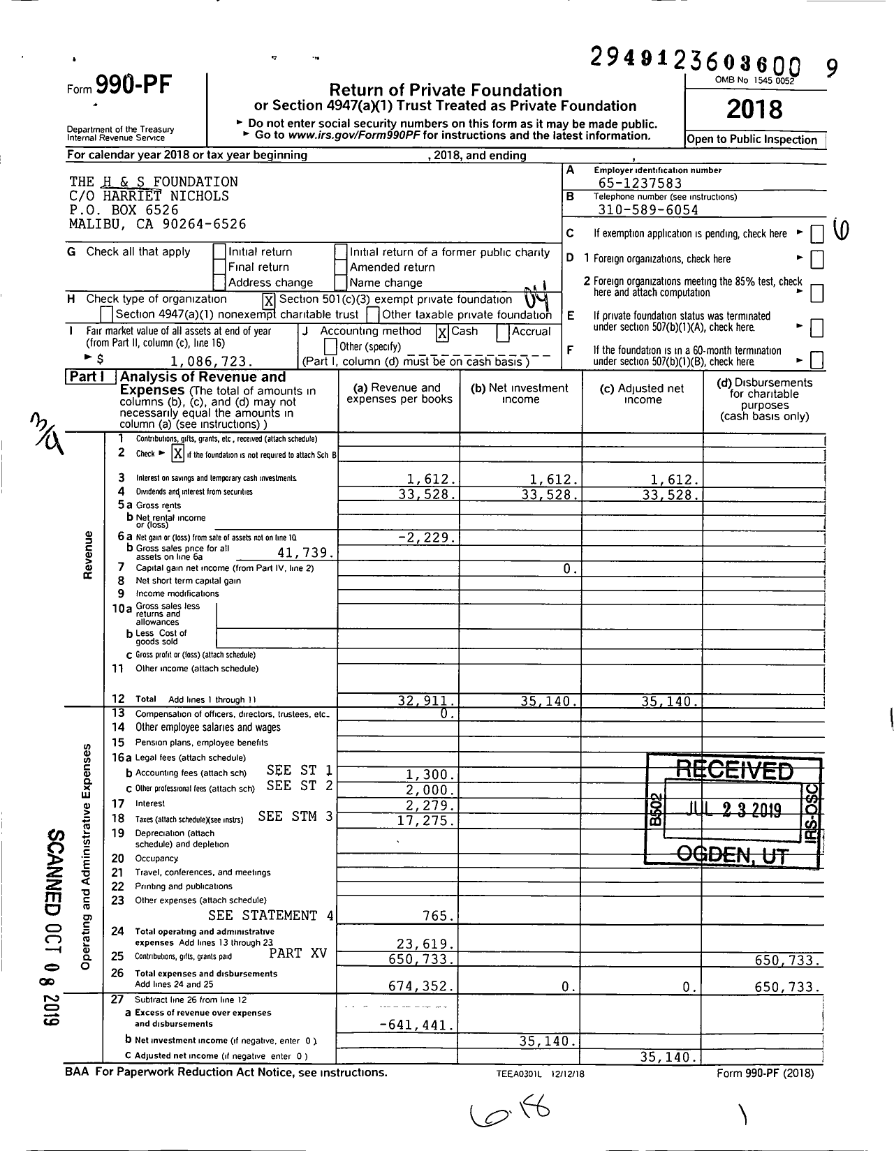 Image of first page of 2018 Form 990PF for H and S Foundation