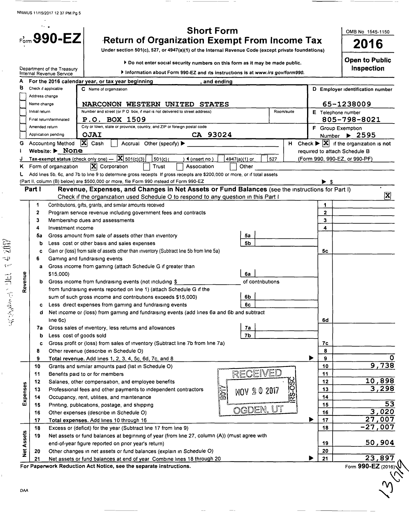 Image of first page of 2016 Form 990EZ for Narconon International / Narconon Western United States