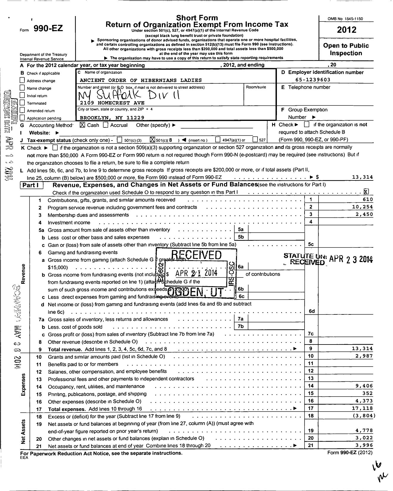 Image of first page of 2012 Form 990EO for ANCIENT ORDER OF HIBERNIANS LADIES Division 11 / 11 Div