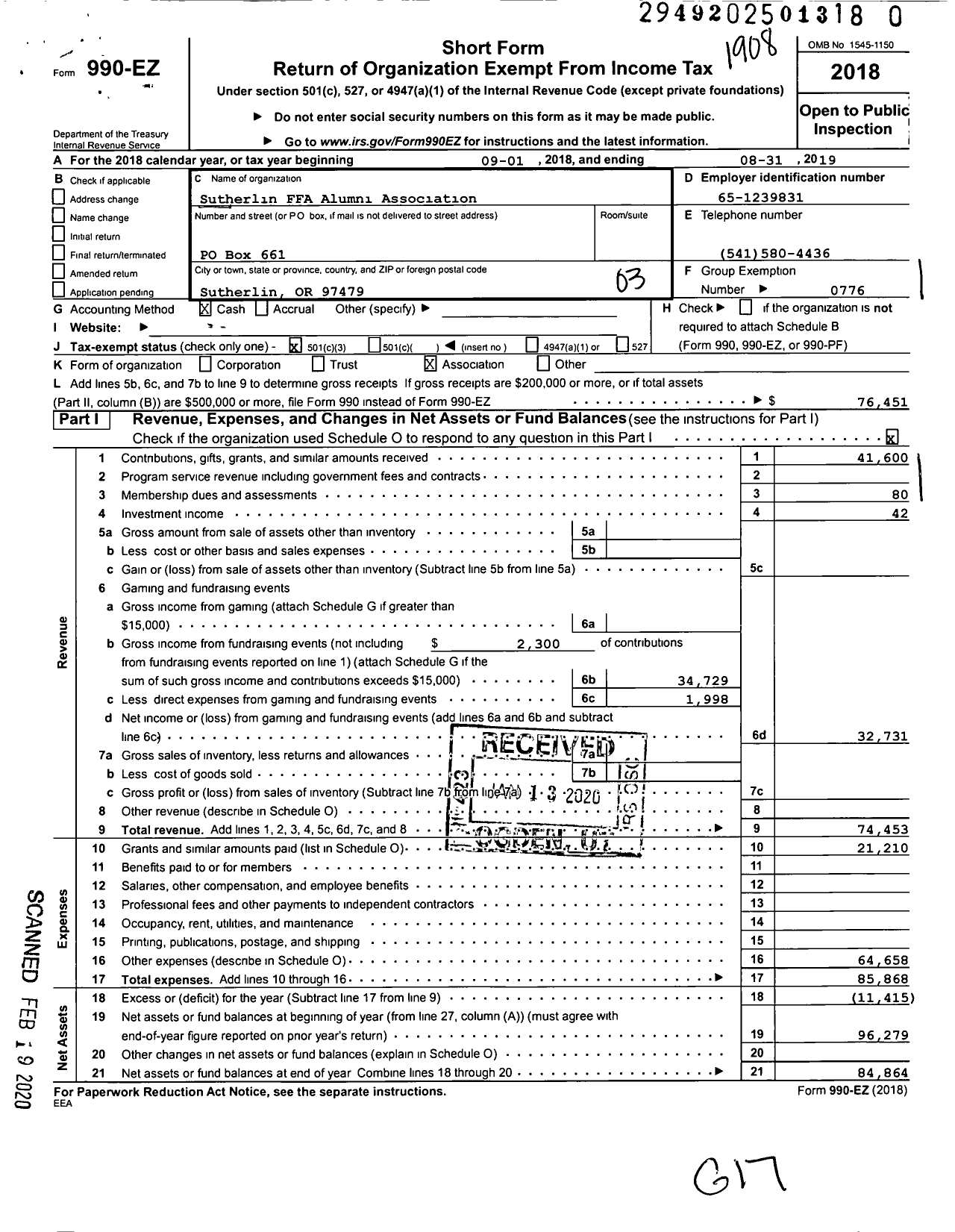 Image of first page of 2018 Form 990EZ for Future Farmers of America - 36057 Sutherlin Ffa Alumni