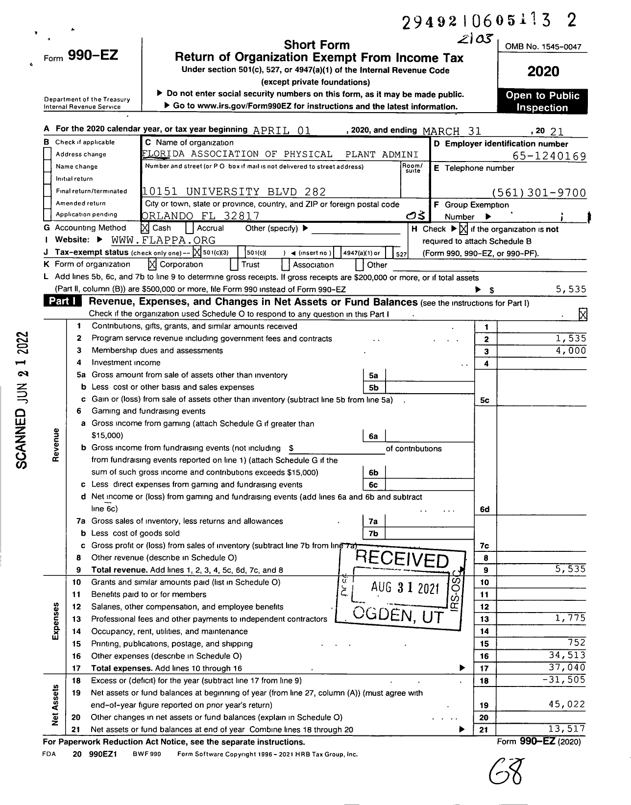 Image of first page of 2020 Form 990EZ for Florida Association of Physical Plant Administrators