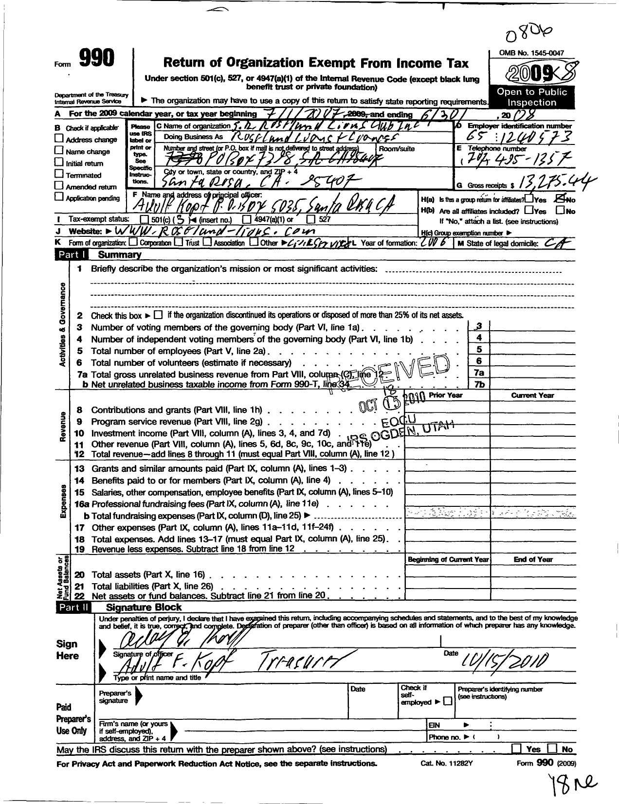 Image of first page of 2007 Form 990O for Santa Rosa Roseland Lions and Lioness Lions Club