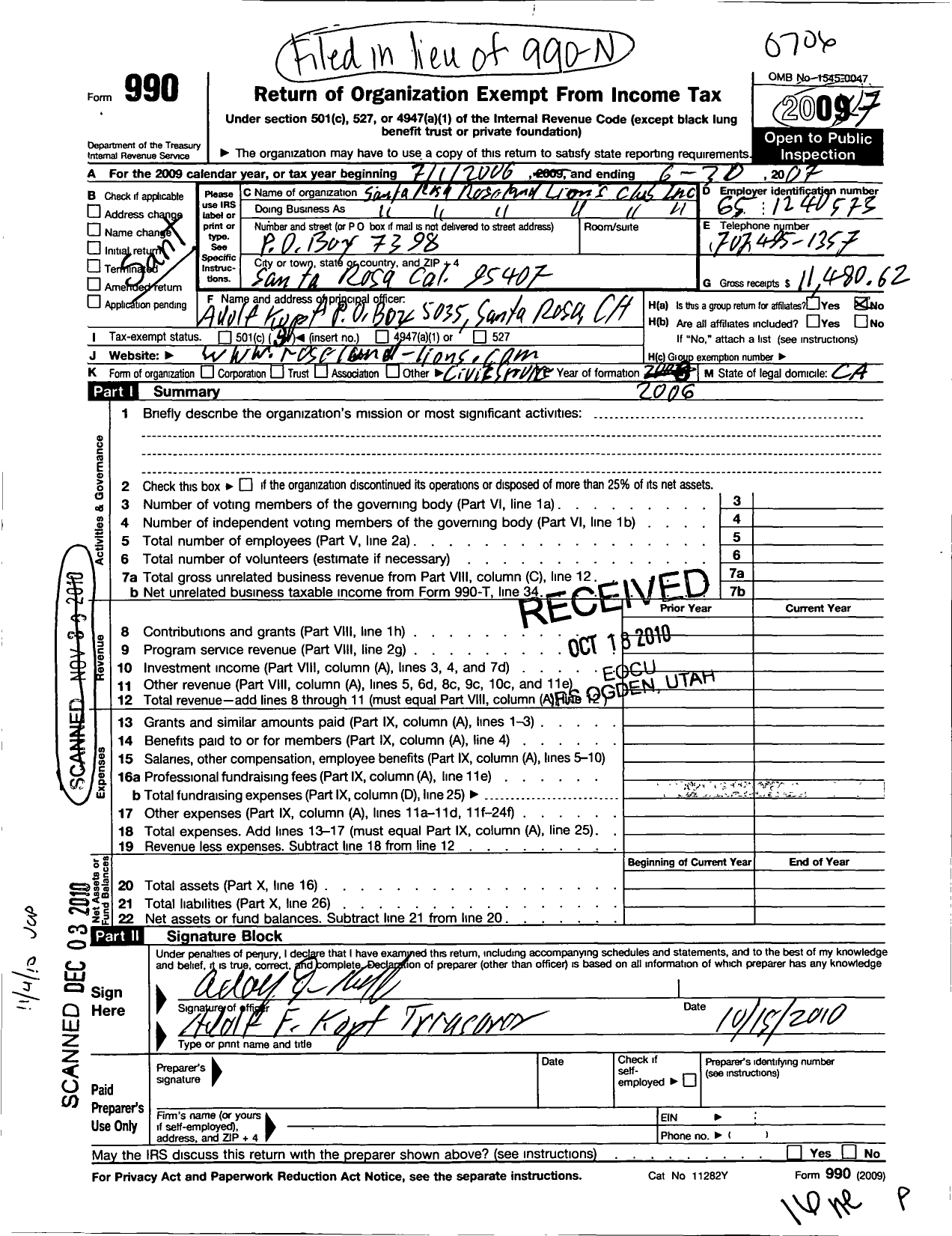 Image of first page of 2006 Form 990 for Santa Rosa Roseland Lions and Lioness Lions Club