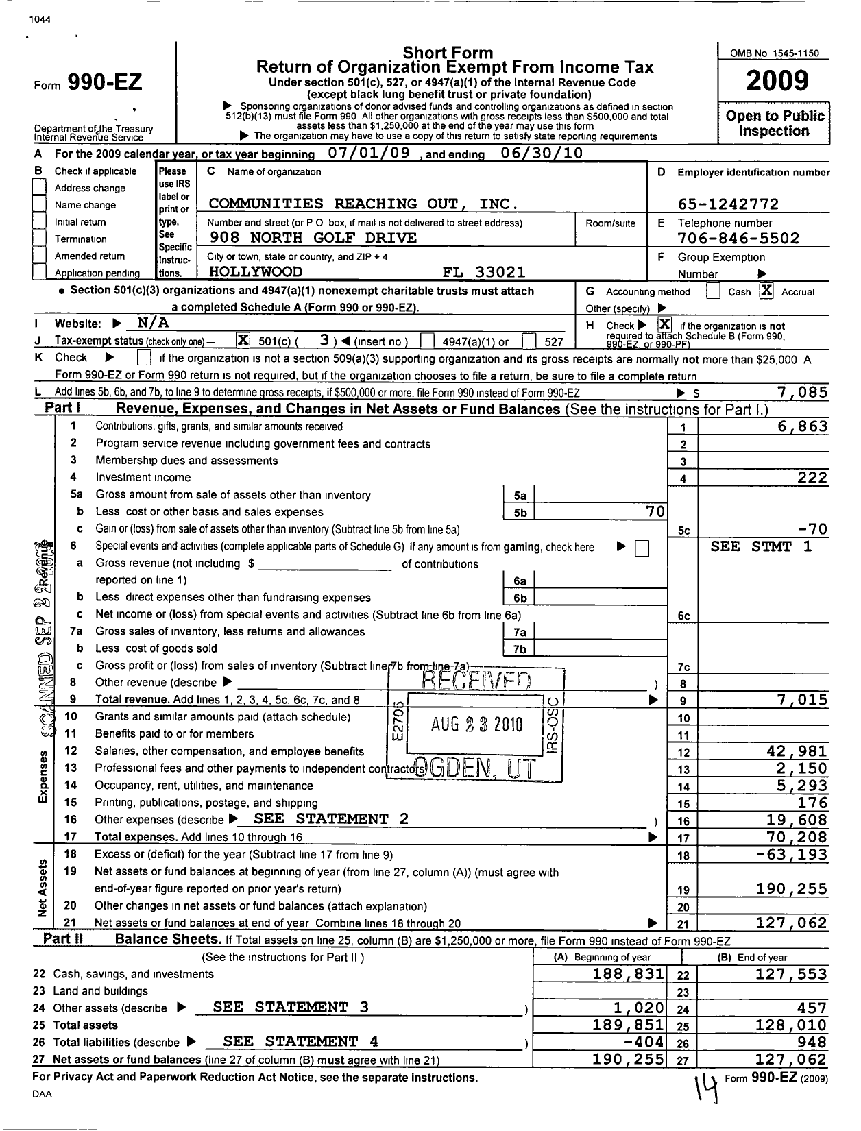 Image of first page of 2009 Form 990EZ for Communities Reaching Out