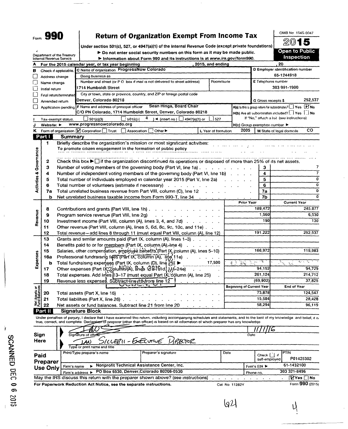 Image of first page of 2015 Form 990O for ProgressNow Colorado