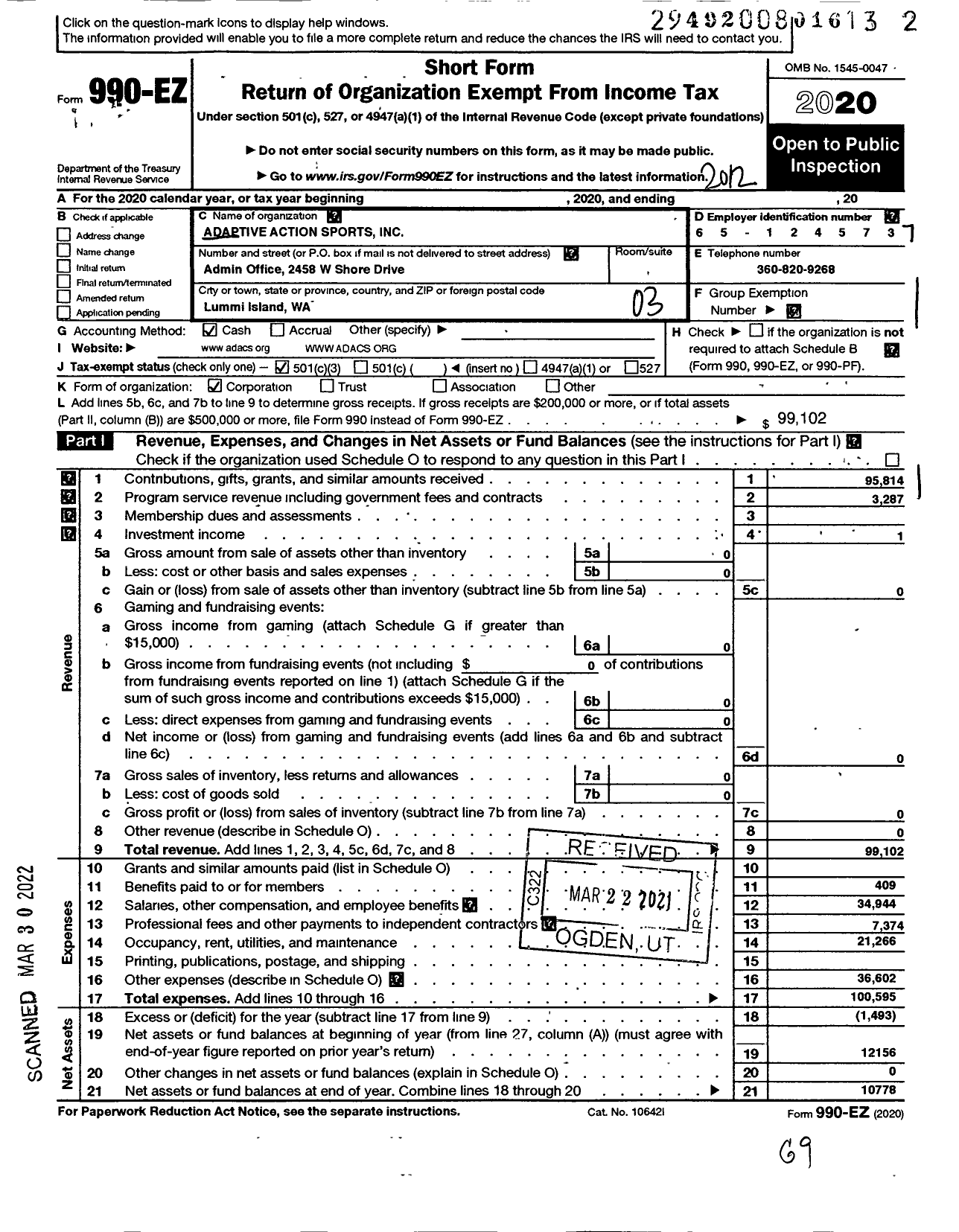 Image of first page of 2020 Form 990EZ for Adaptive Action Sports