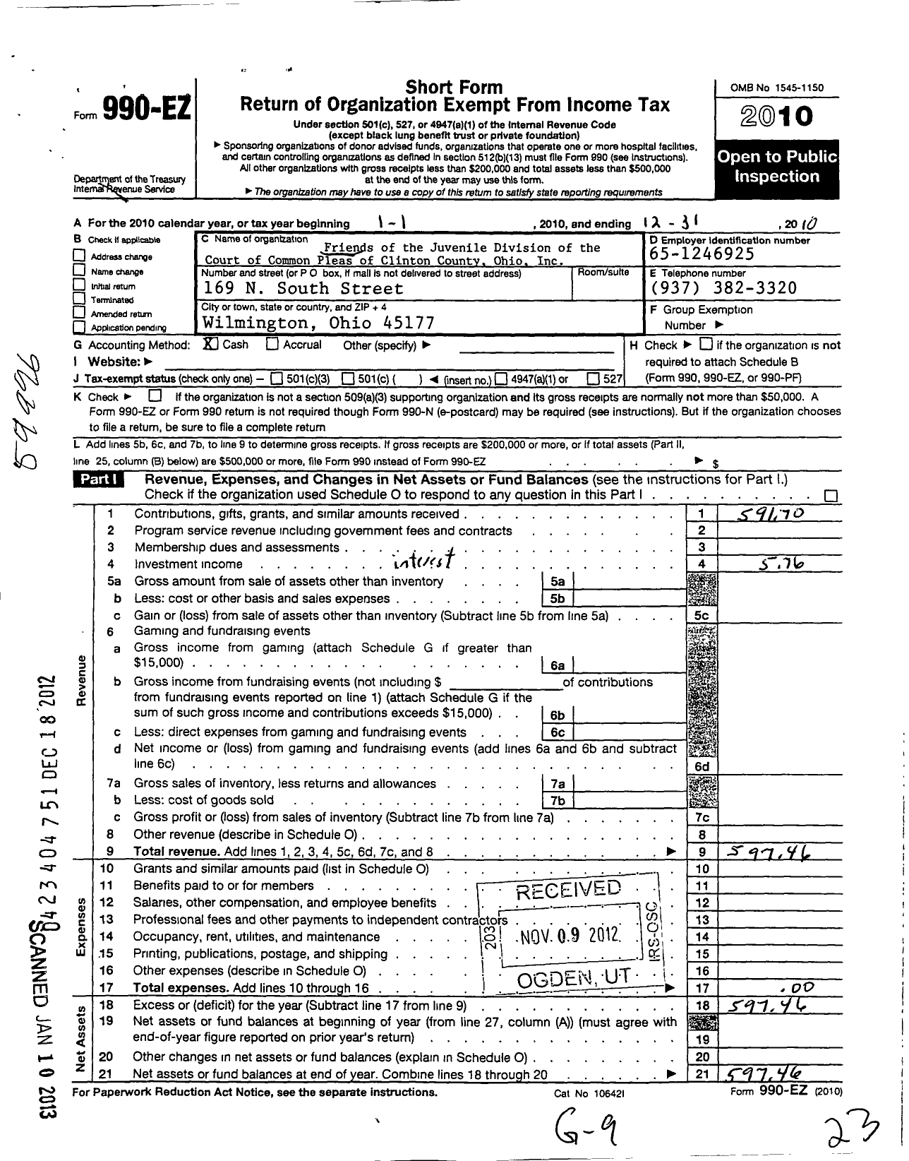 Image of first page of 2010 Form 990EZ for Friends of the Juvenile Division of Court of Commone Pleas Clinton Cty