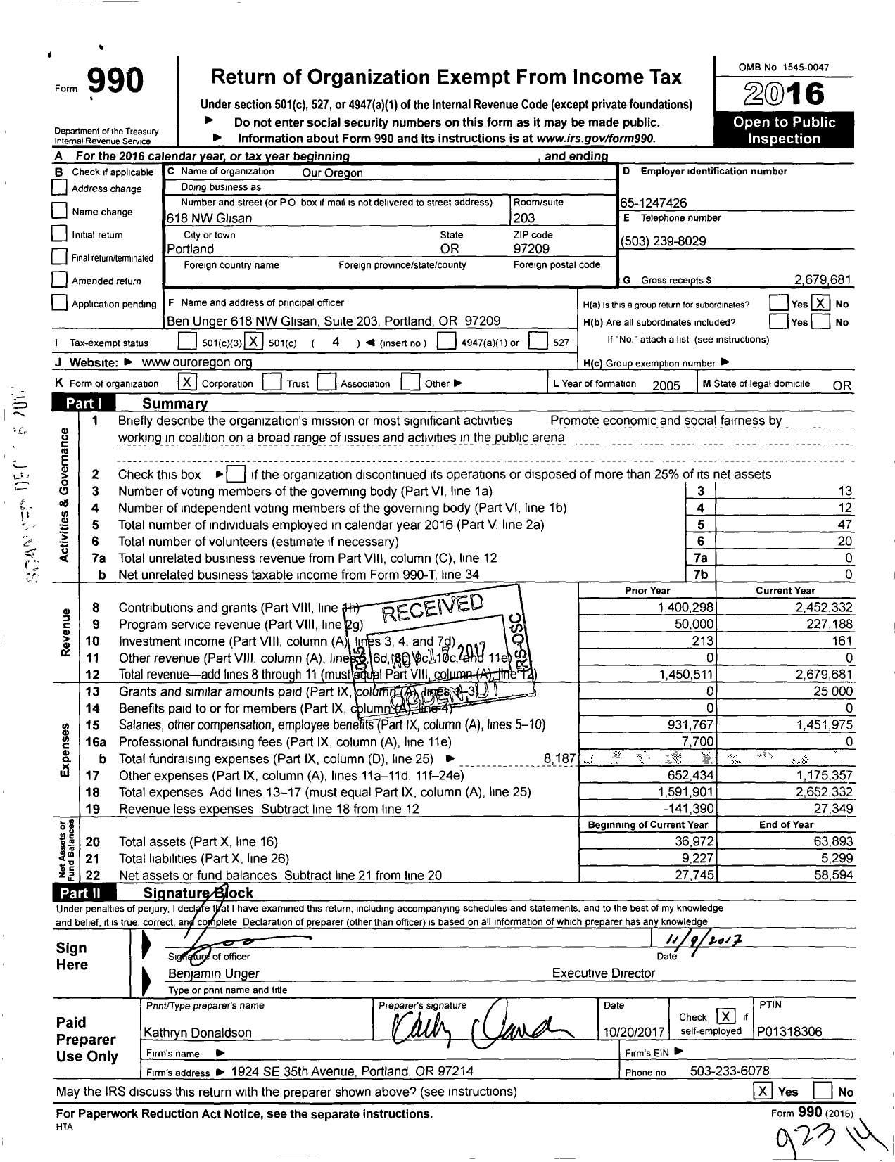 Image of first page of 2016 Form 990O for Our Oregon