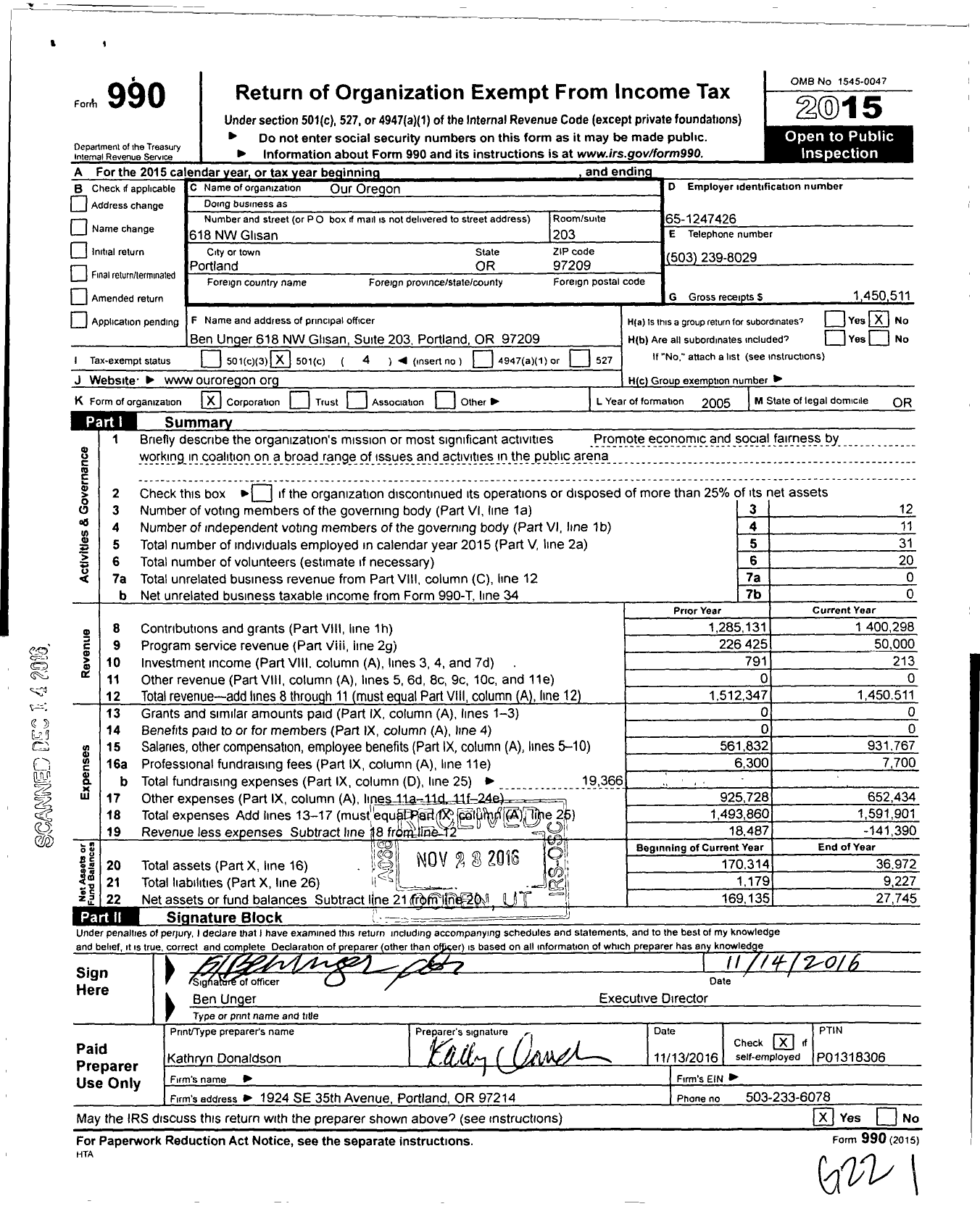 Image of first page of 2015 Form 990O for Our Oregon