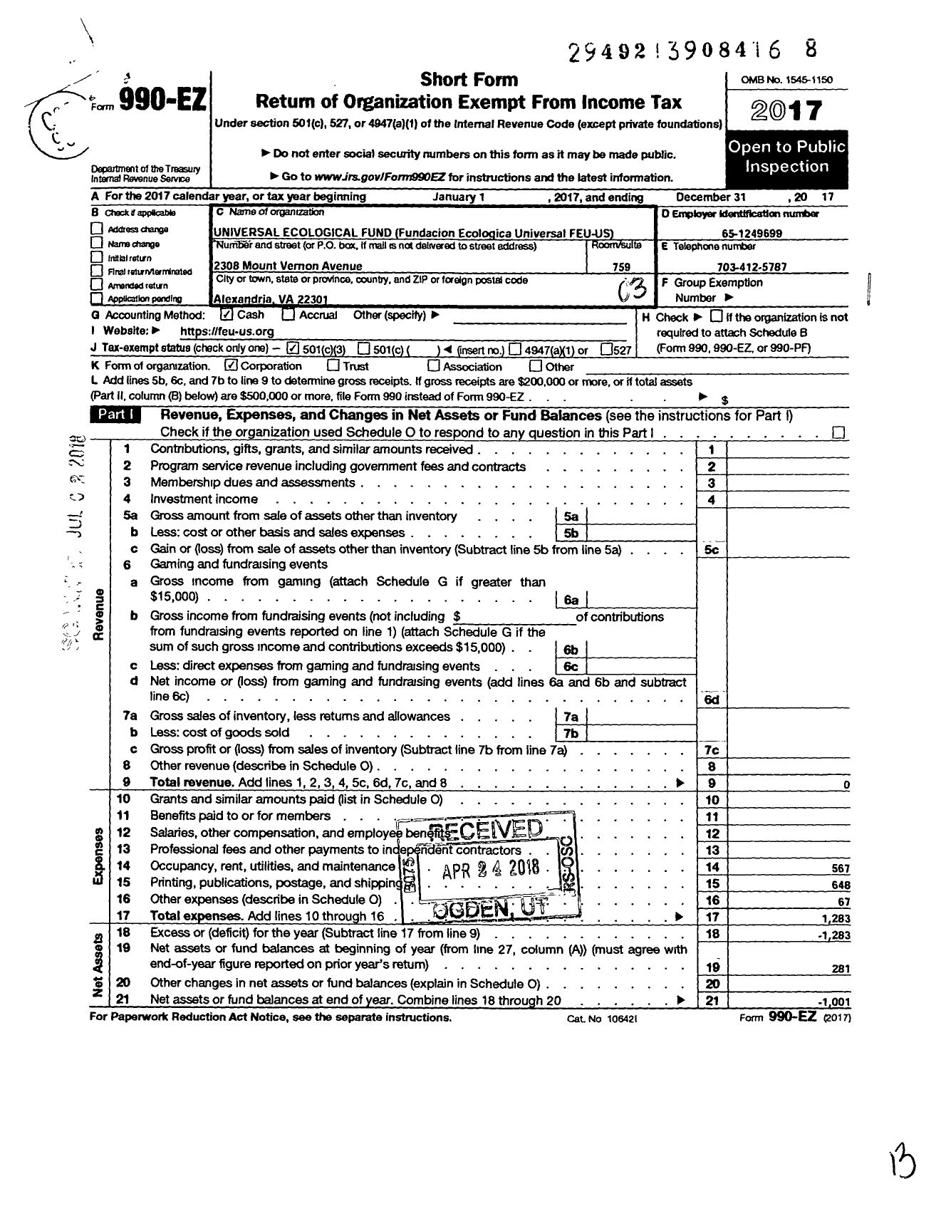 Image of first page of 2017 Form 990EZ for Universal Ecological Fund Fundacion Ecologica Universal Feu-Us