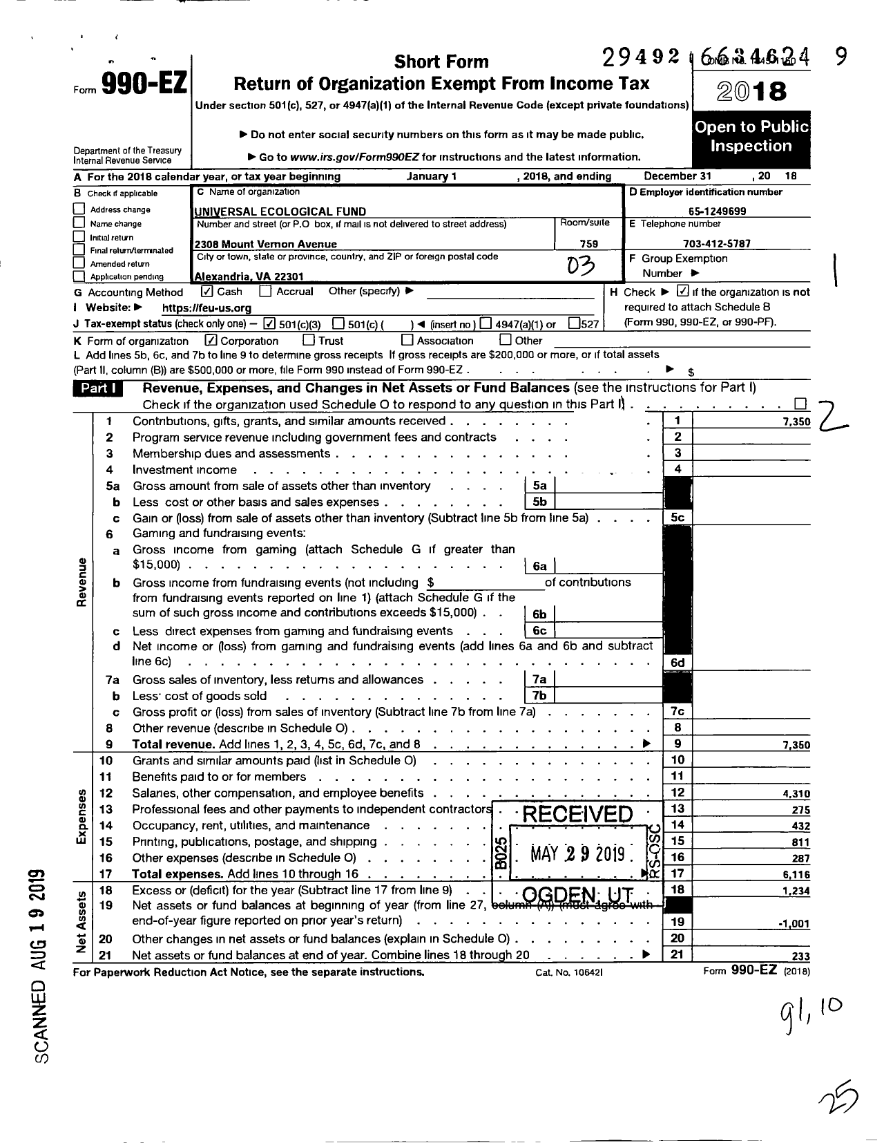 Image of first page of 2018 Form 990EZ for Universal Ecological Fund Fundacion Ecologica Universal Feu-Us