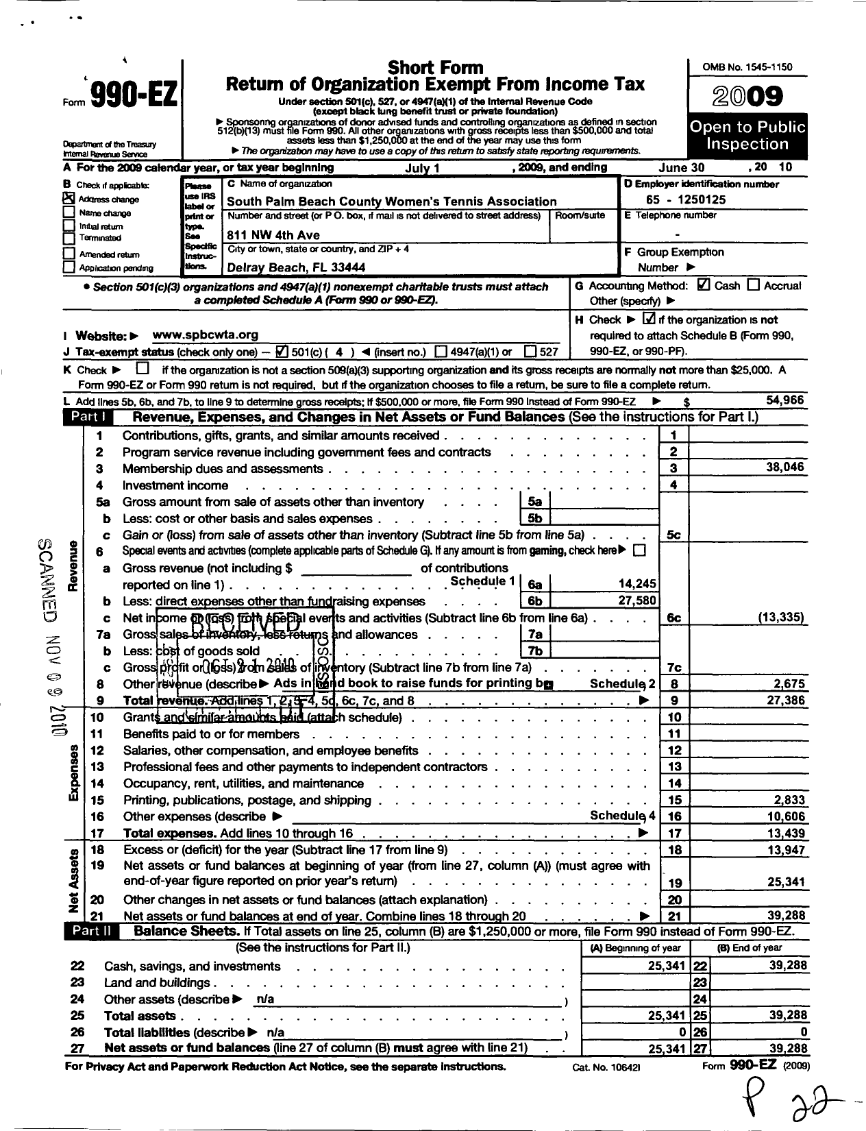 Image of first page of 2009 Form 990EO for South Palm Beach County Womens Tennis Association (SPBCWTA)