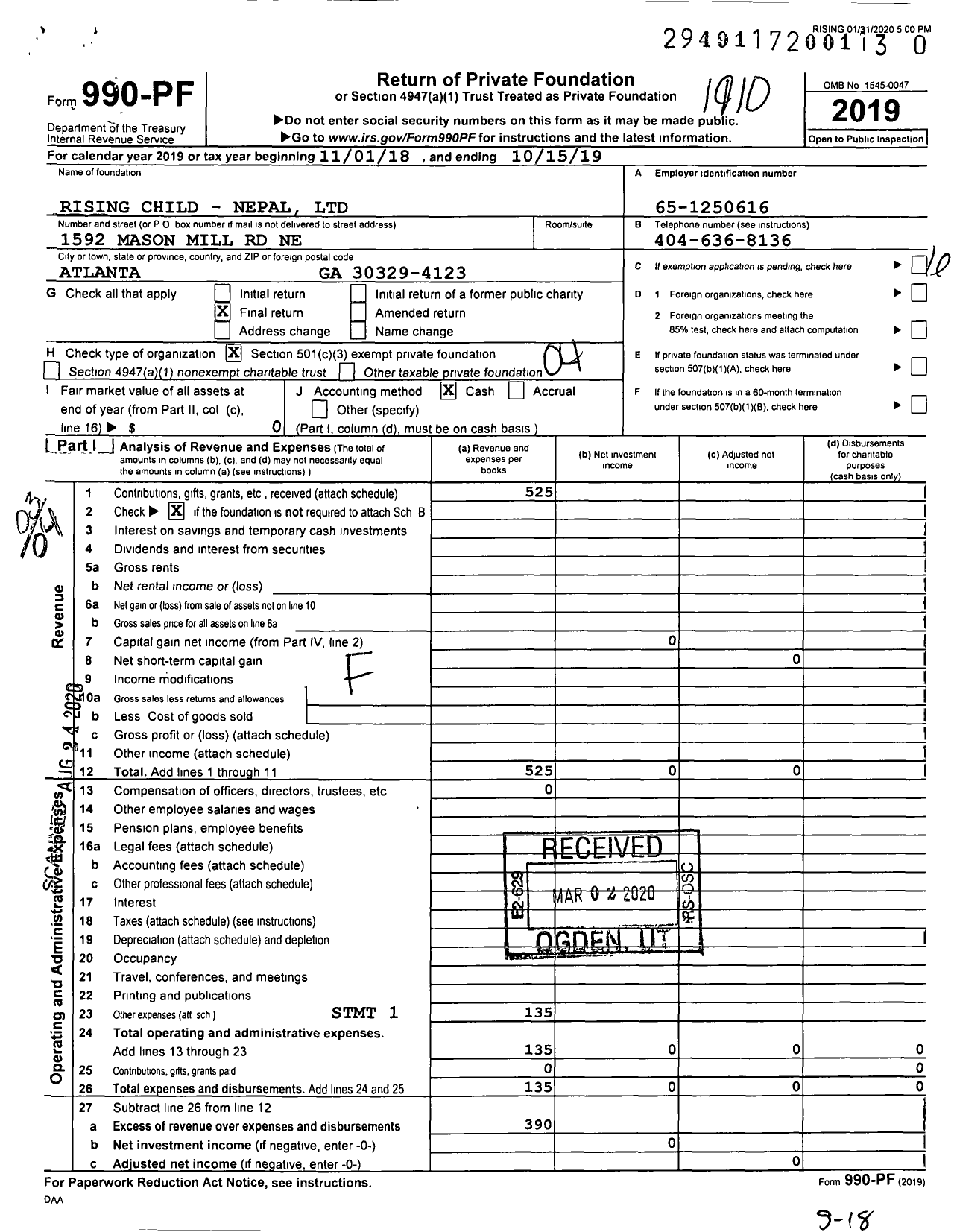 Image of first page of 2018 Form 990PR for Rising Child - Nepal