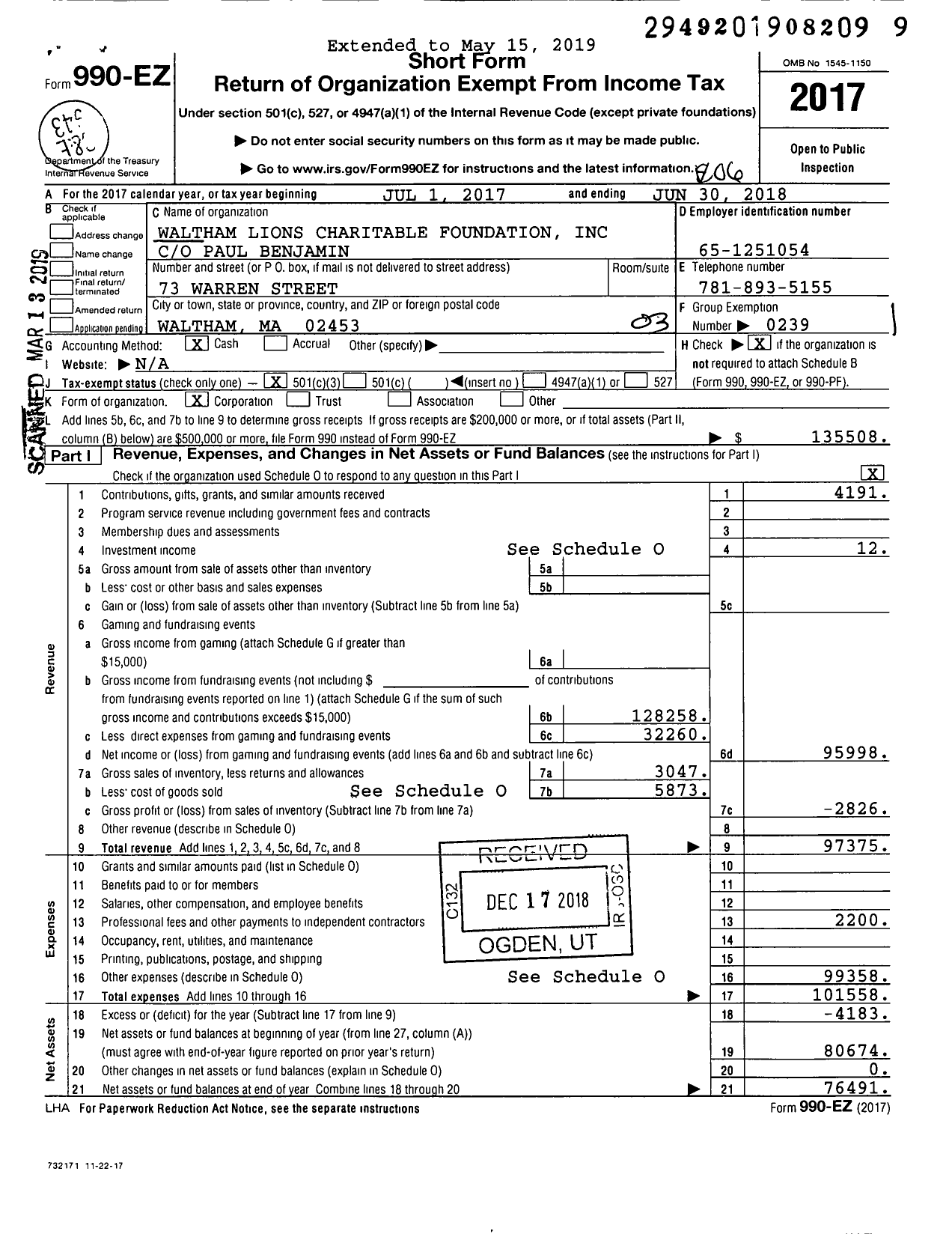 Image of first page of 2017 Form 990EZ for Waltham Lions Charitable Foundation