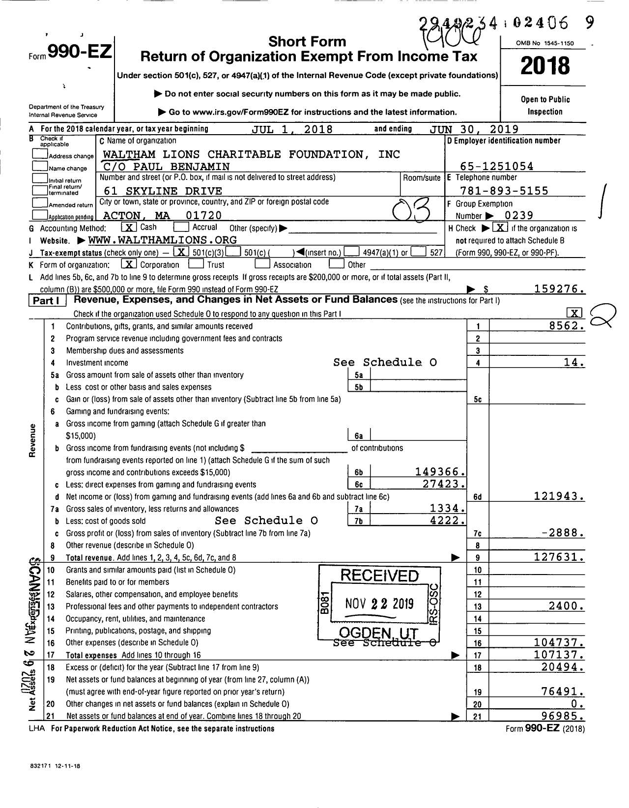 Image of first page of 2018 Form 990EZ for Waltham Lions Charitable Foundation