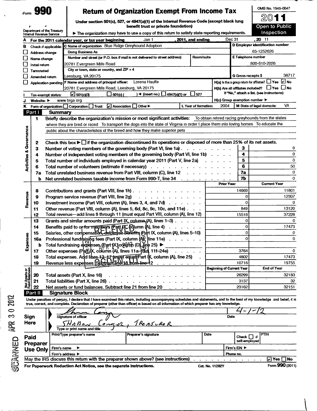 Image of first page of 2011 Form 990 for Blue Ridge Greyhound Adoption (BRGA)