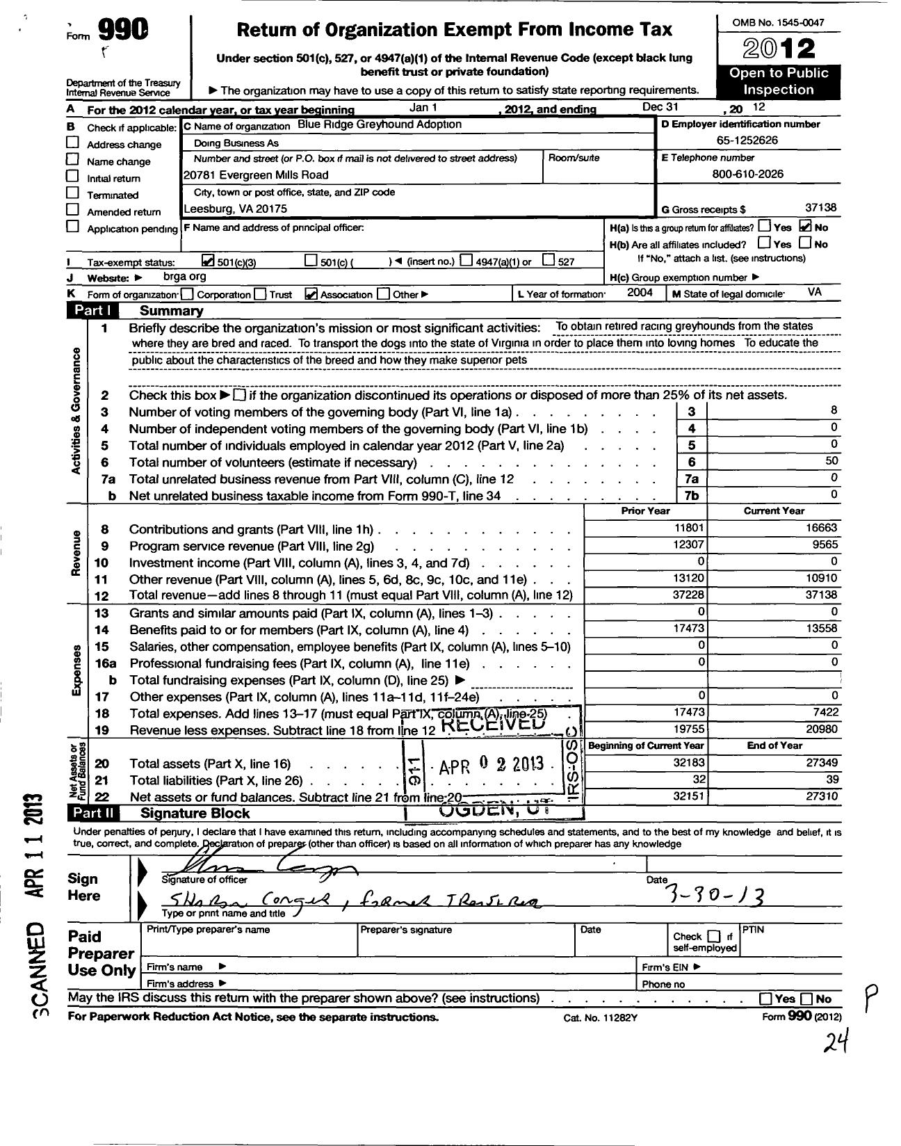 Image of first page of 2012 Form 990 for Blue Ridge Greyhound Adoption (BRGA)