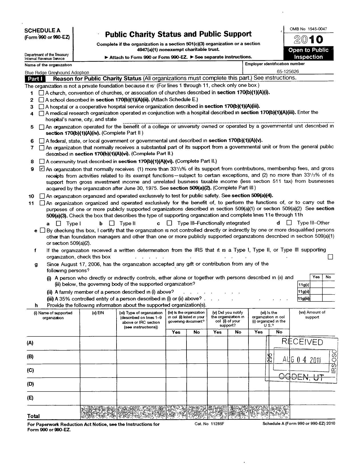 Image of first page of 2010 Form 990R for Blue Ridge Greyhound Adoption (BRGA)