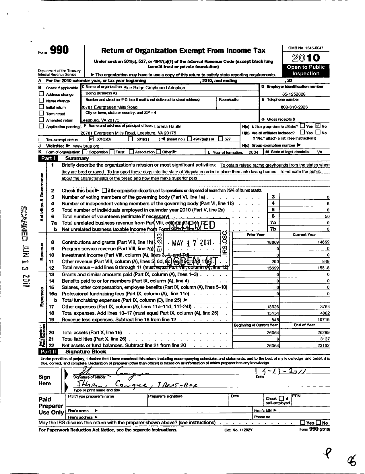 Image of first page of 2010 Form 990 for Blue Ridge Greyhound Adoption (BRGA)