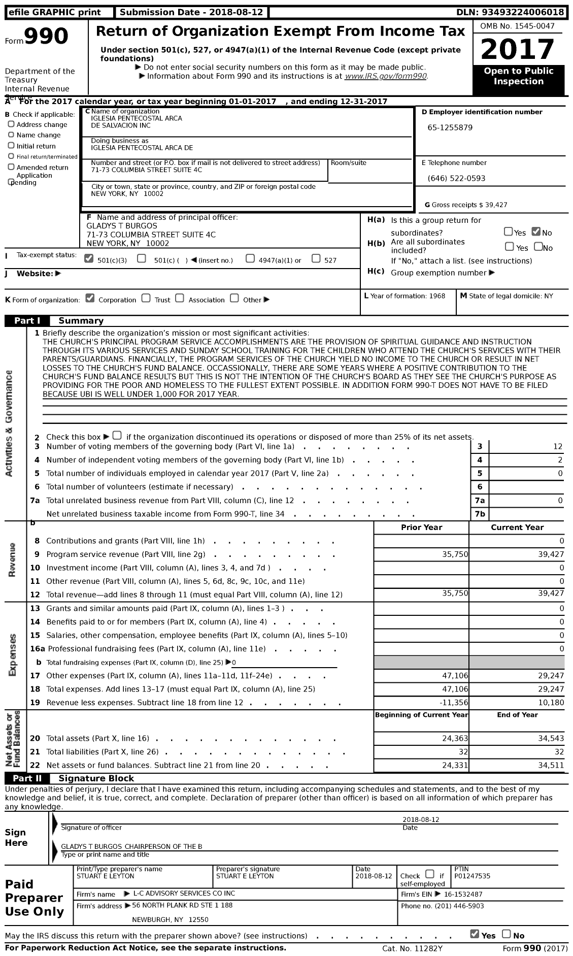 Image of first page of 2017 Form 990 for Iglesia Pentecostal Arca de