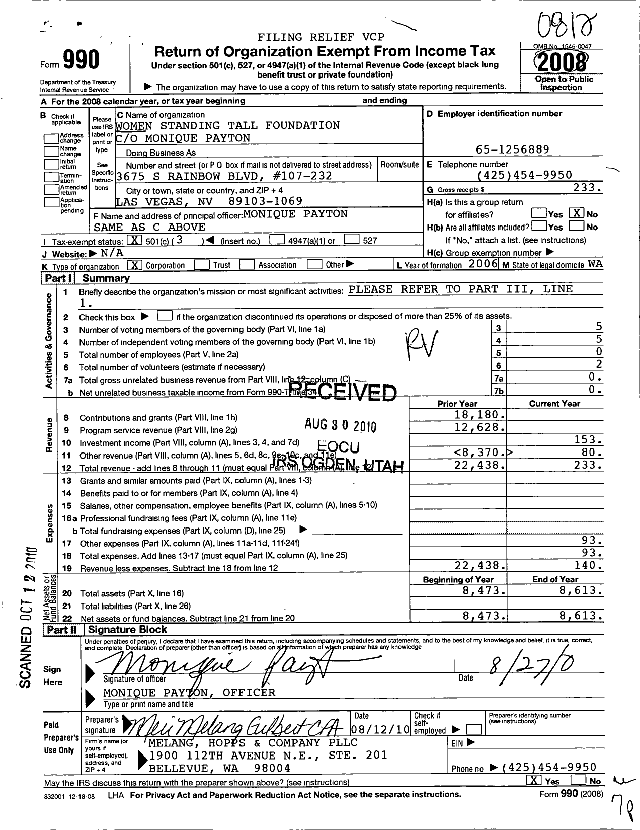 Image of first page of 2008 Form 990 for United Foresight Group Virginia Bethea