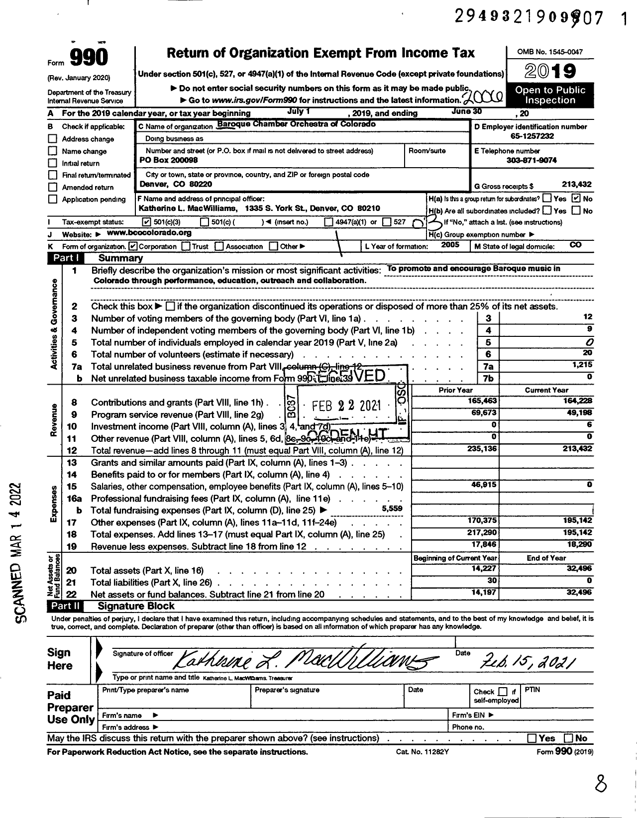 Image of first page of 2019 Form 990 for Baroque Chamber Orchestra of Colorado (BCOC)