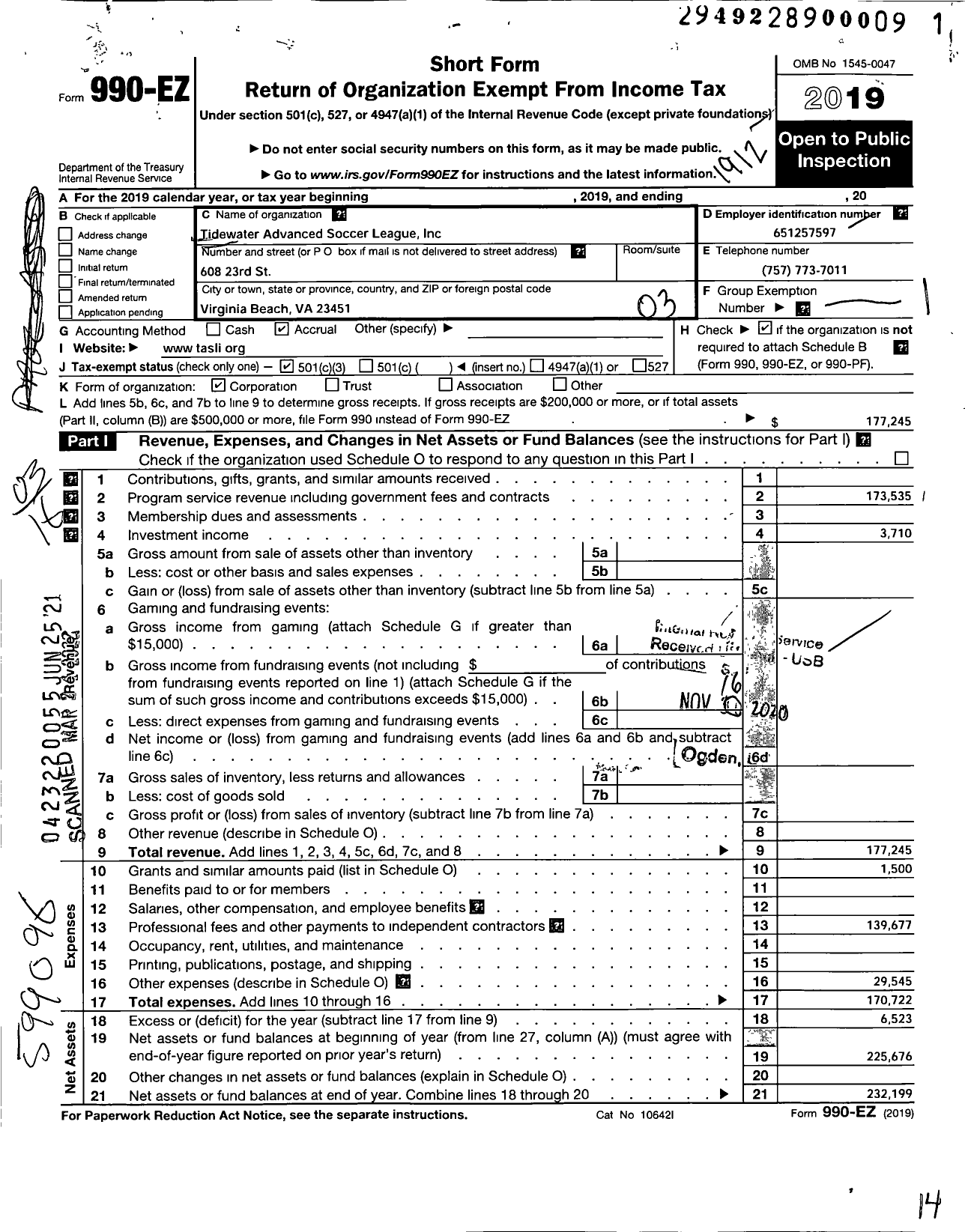 Image of first page of 2019 Form 990EZ for Tidewater Advanced Soccer League