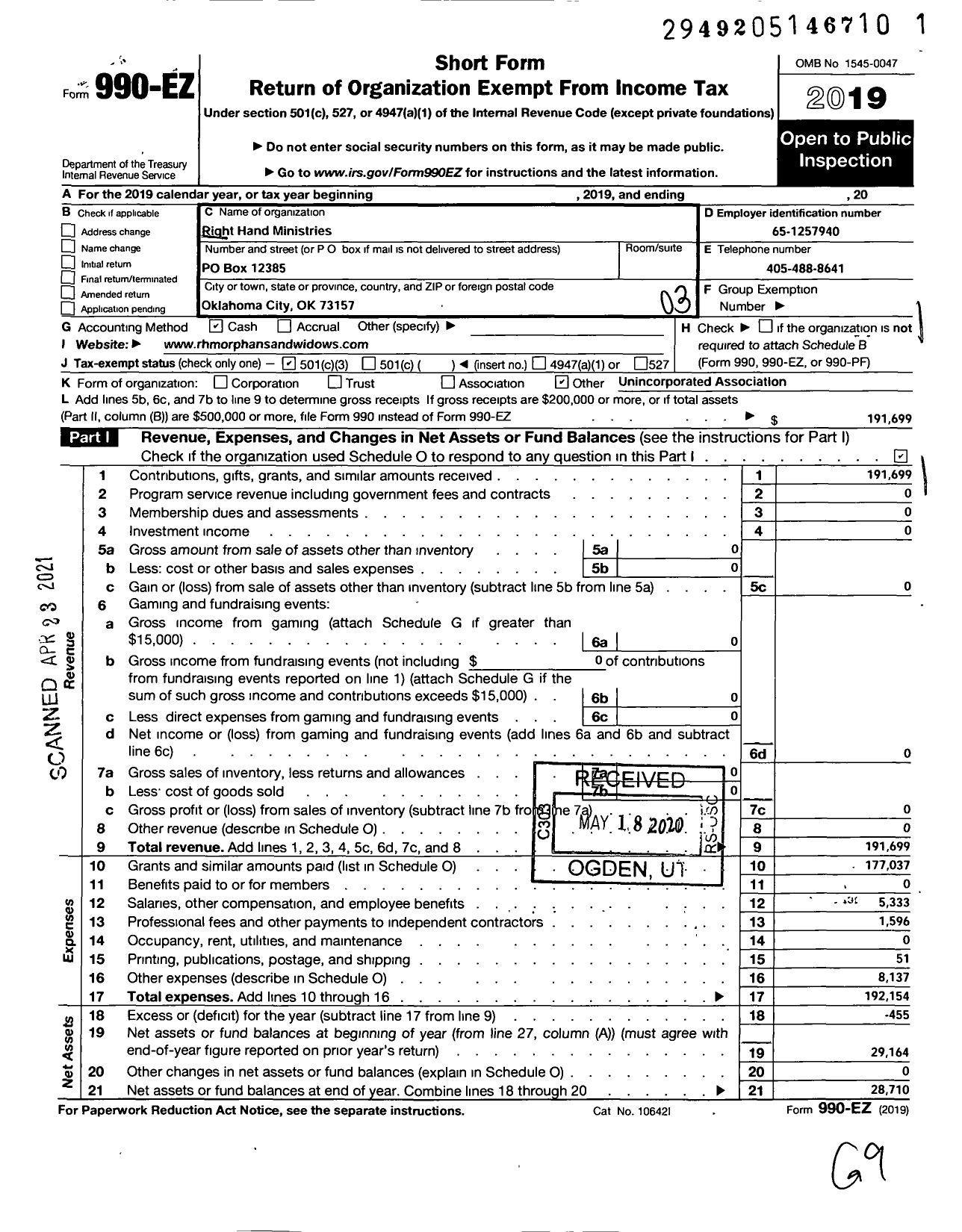 Image of first page of 2019 Form 990EZ for Right Hand Ministries