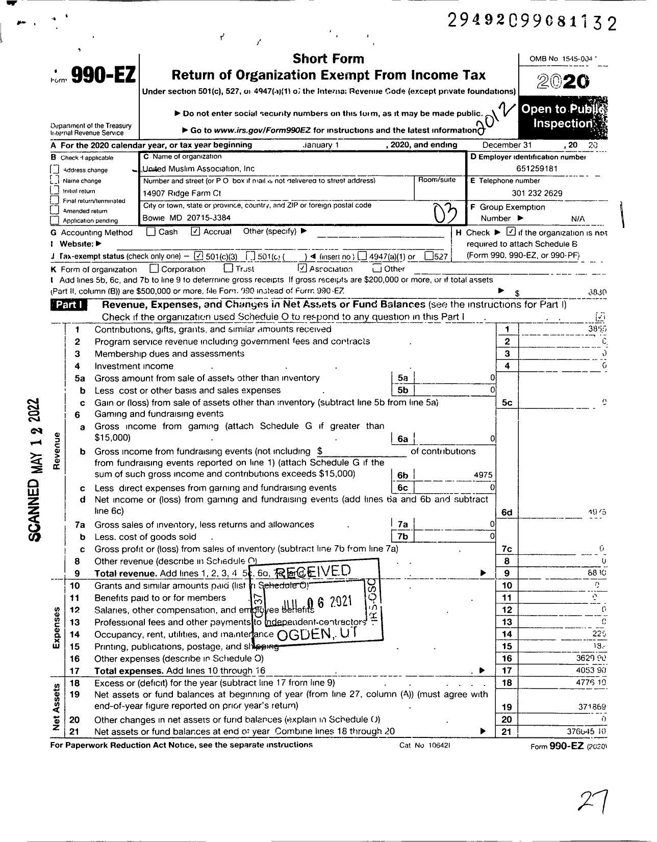 Image of first page of 2020 Form 990EZ for United Muslim Association