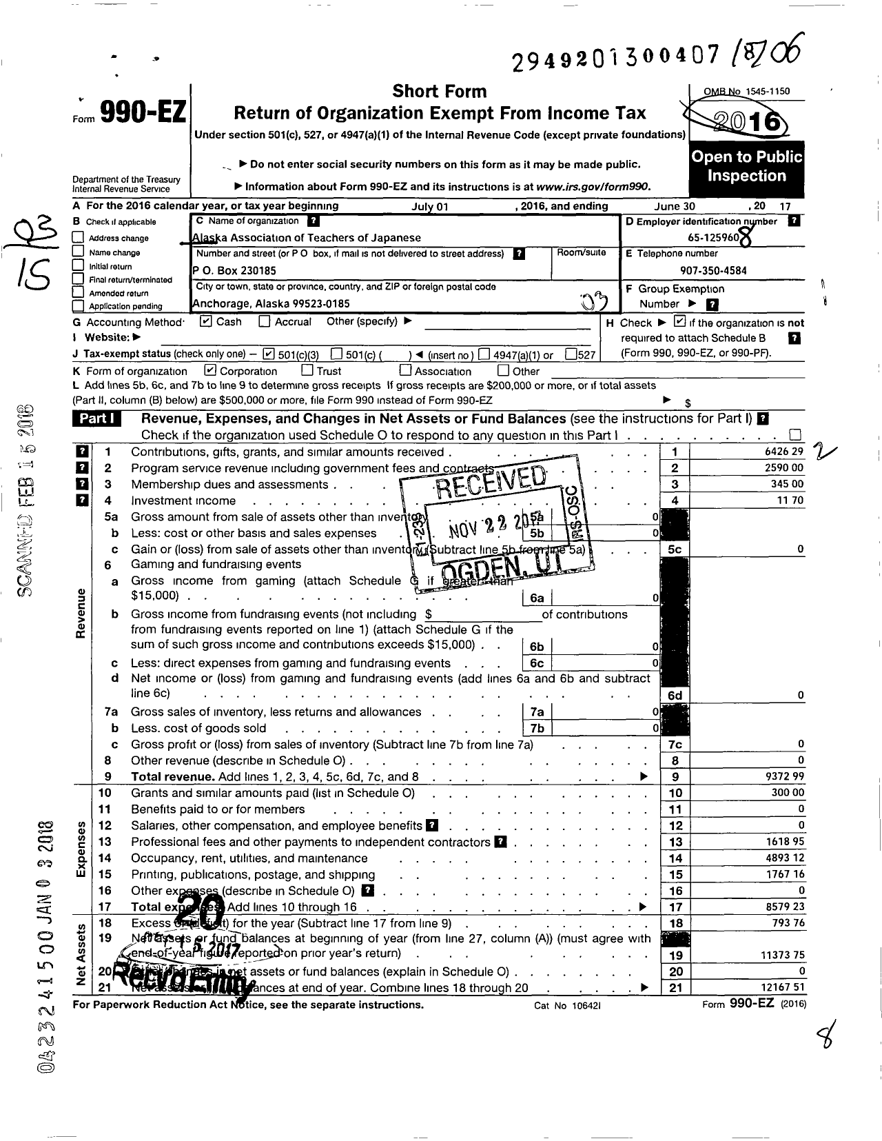 Image of first page of 2016 Form 990EZ for Alaska Association of Teachers of Japanese