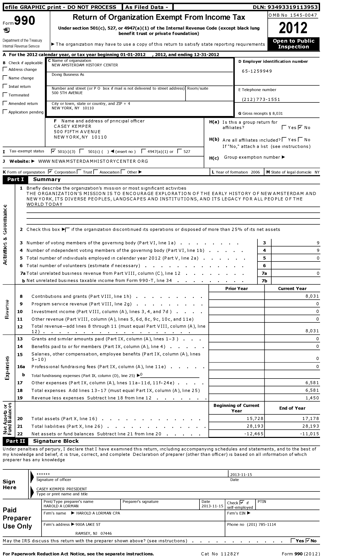 Image of first page of 2012 Form 990 for New Amsterdam History Center