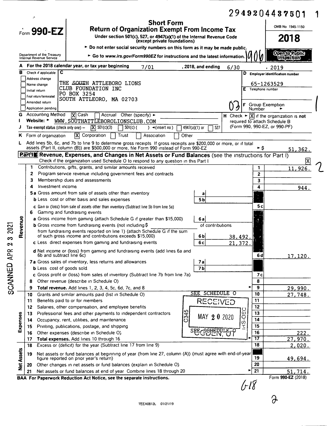 Image of first page of 2018 Form 990EZ for South Attleboro Lions Club Foundation