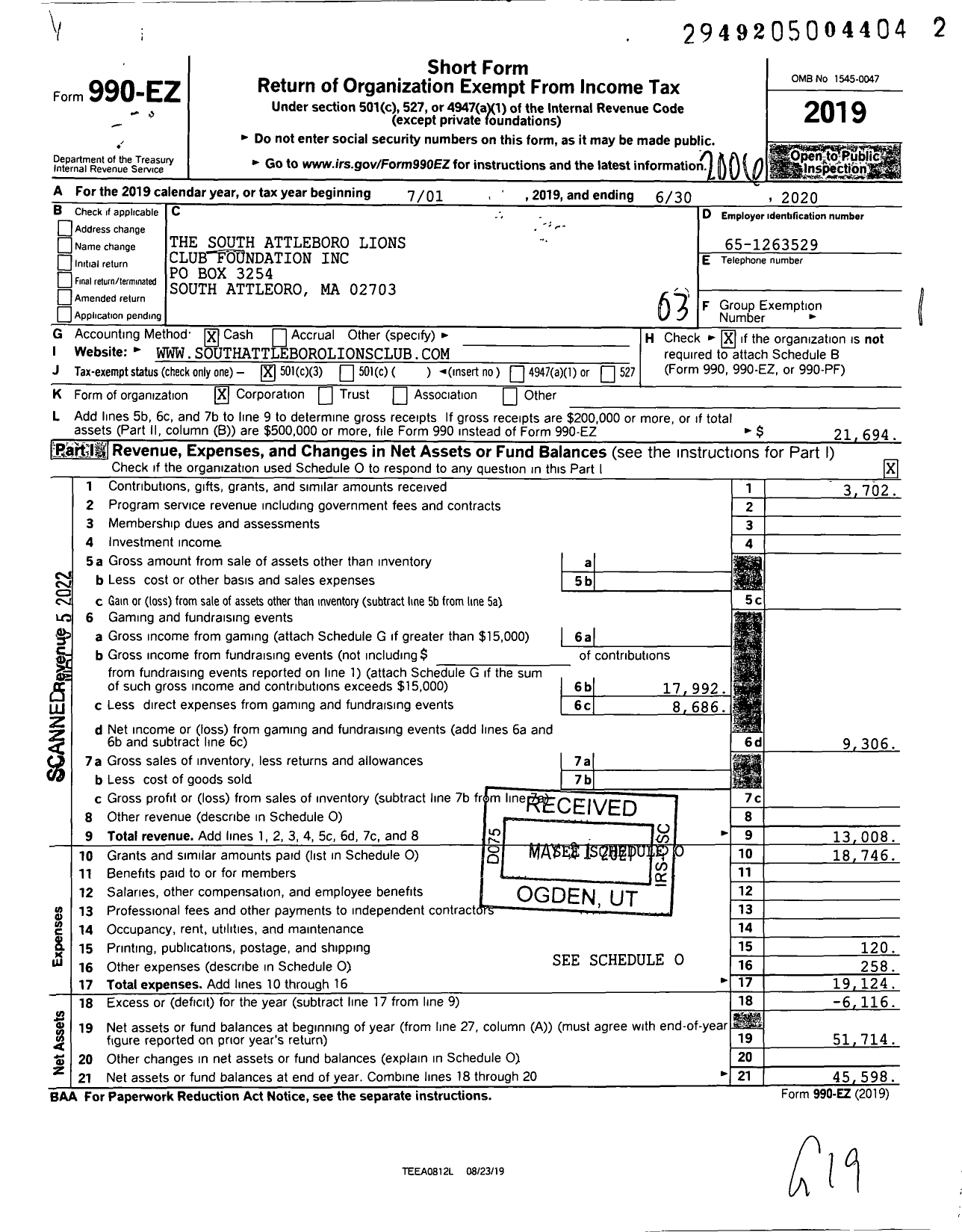 Image of first page of 2019 Form 990EZ for South Attleboro Lions Club Foundation