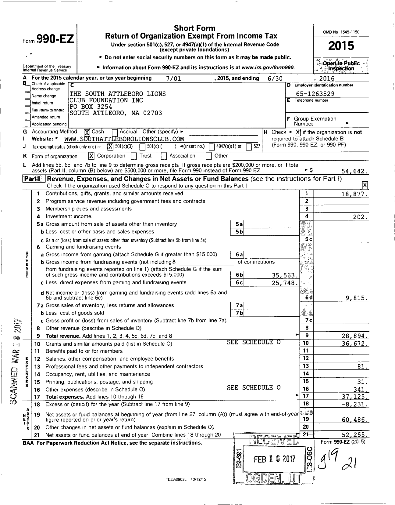 Image of first page of 2015 Form 990EZ for South Attleboro Lions Club Foundation