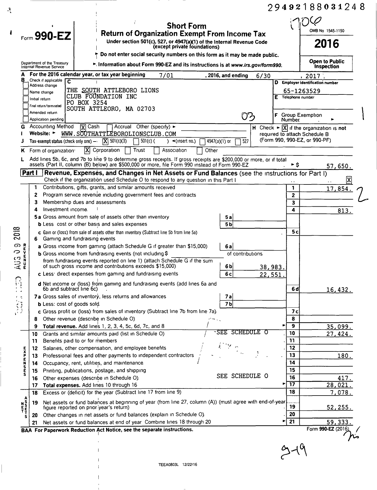 Image of first page of 2016 Form 990EZ for South Attleboro Lions Club Foundation