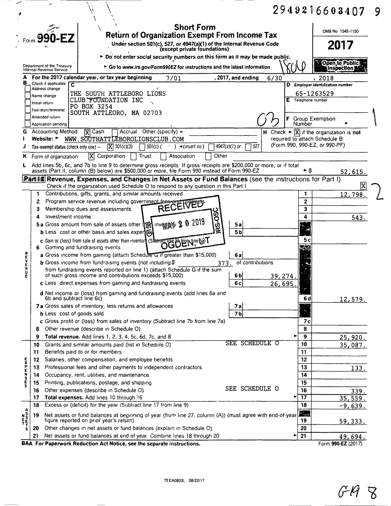 Image of first page of 2017 Form 990EZ for South Attleboro Lions Club Foundation