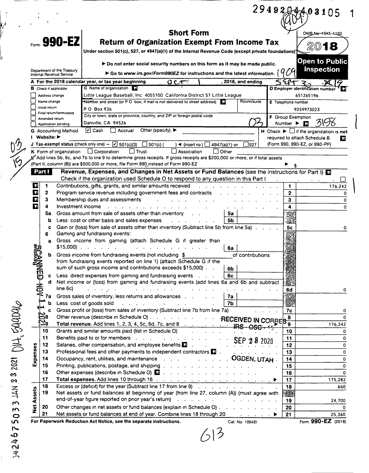 Image of first page of 2018 Form 990EZ for Little League Baseball - 4055700 David Wetmore