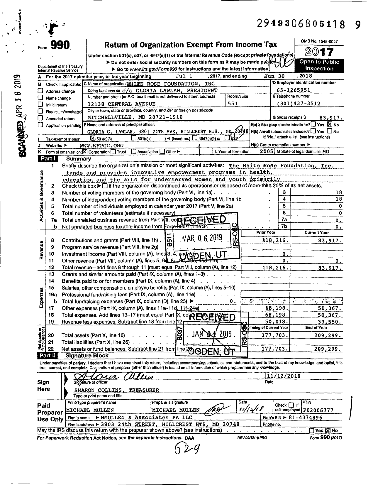 Image of first page of 2017 Form 990 for White Rose Foundation