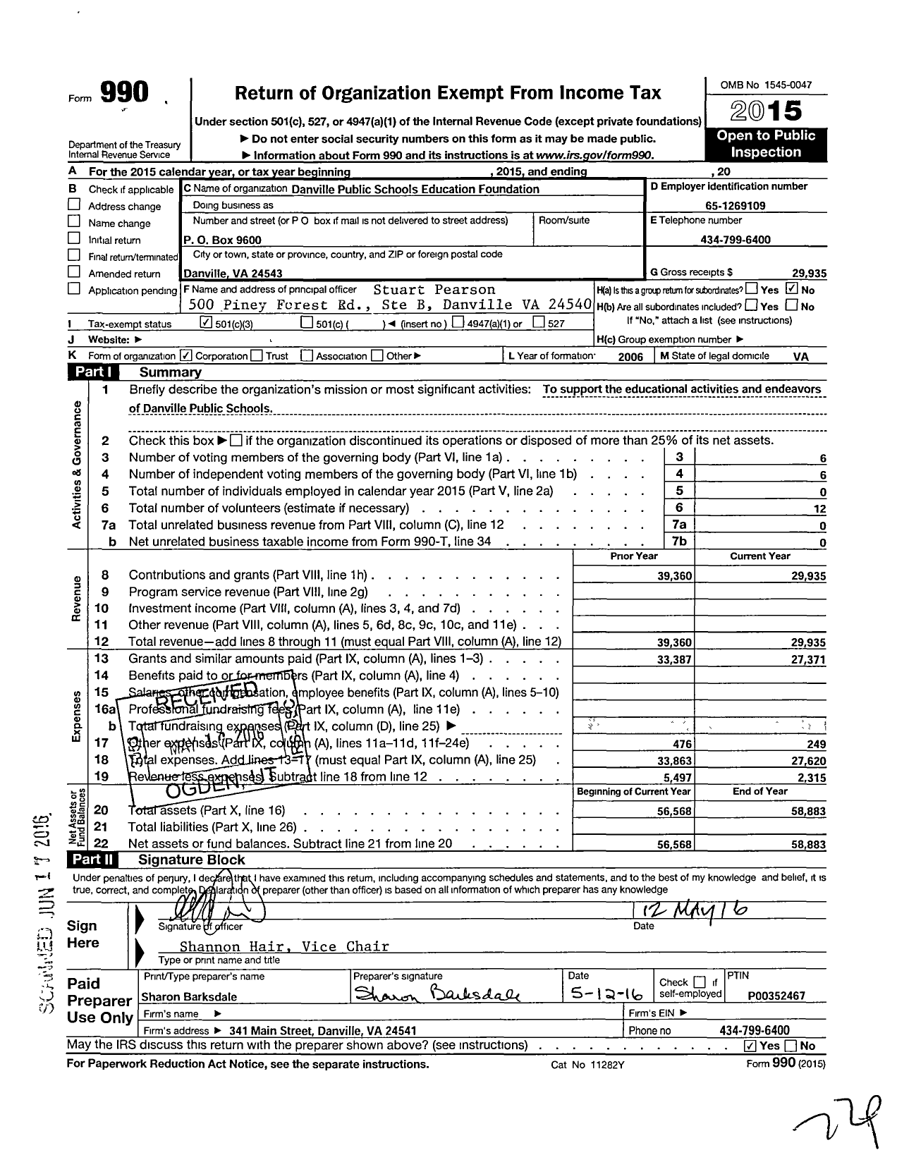 Image of first page of 2015 Form 990 for Danville Public Schools Education Foundation