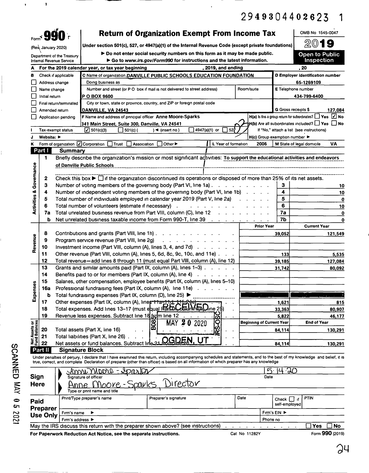Image of first page of 2019 Form 990 for Danville Public Schools Education Foundation