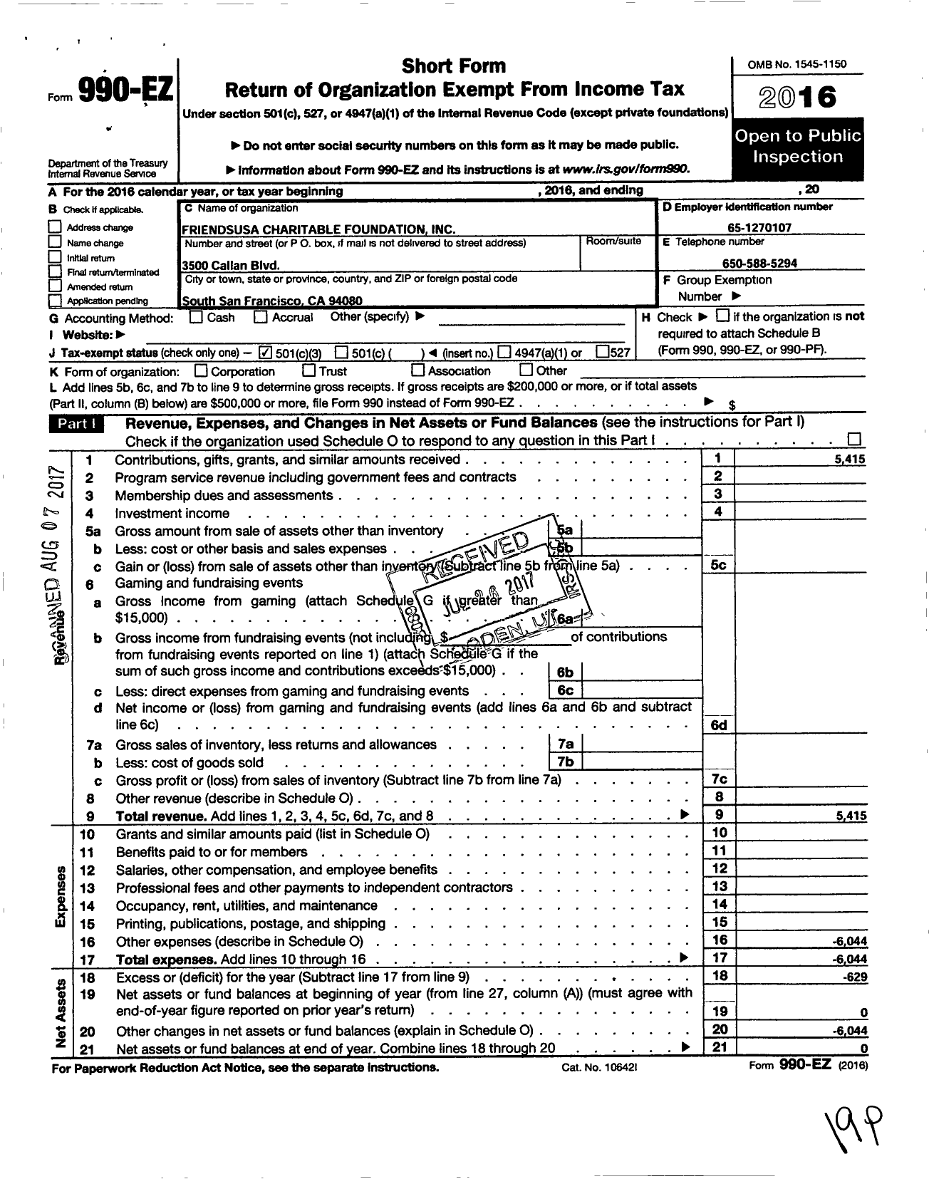 Image of first page of 2016 Form 990EZ for Friendsusa Charitable Foundation