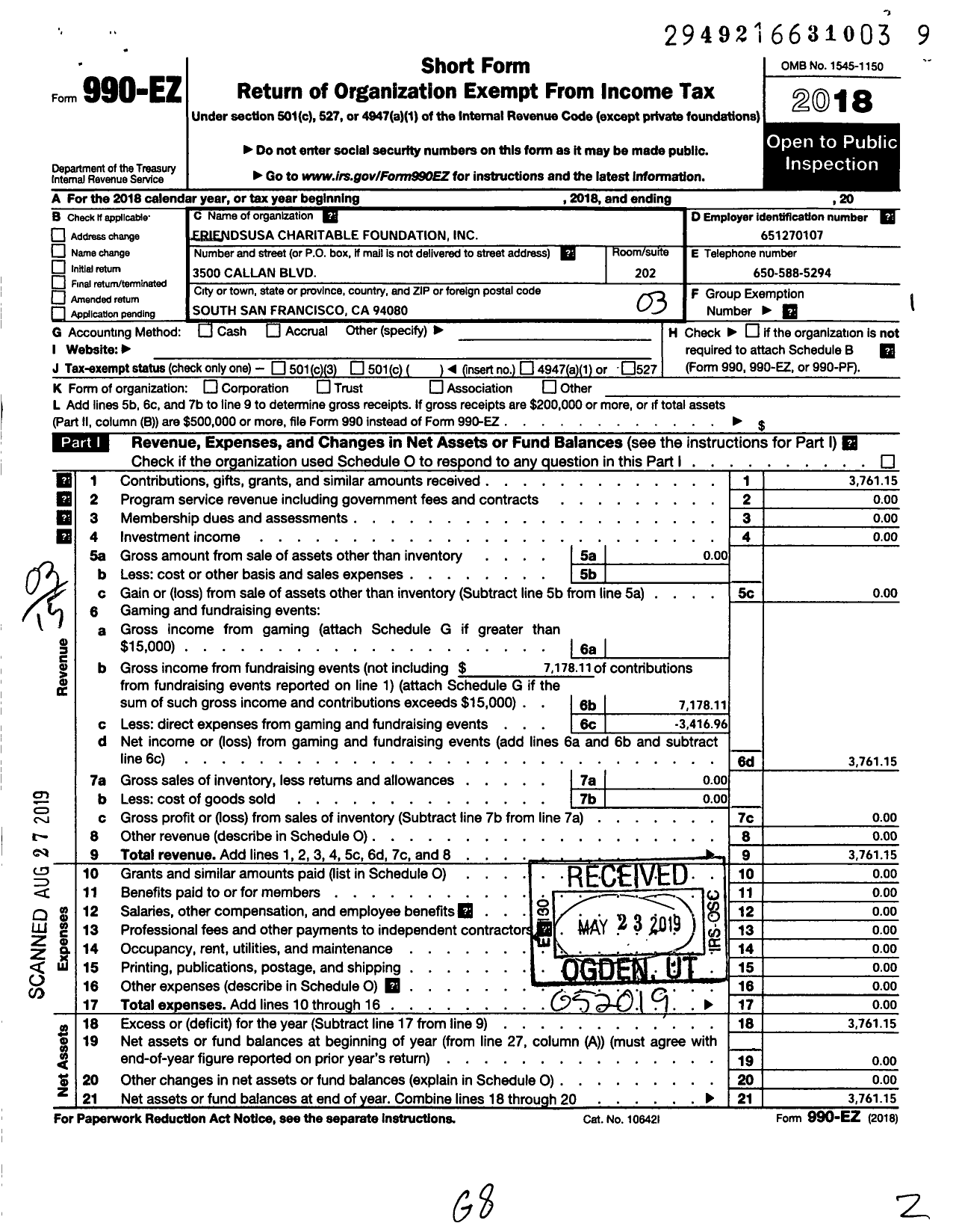 Image of first page of 2018 Form 990EZ for Friendsusa Charitable Foundation