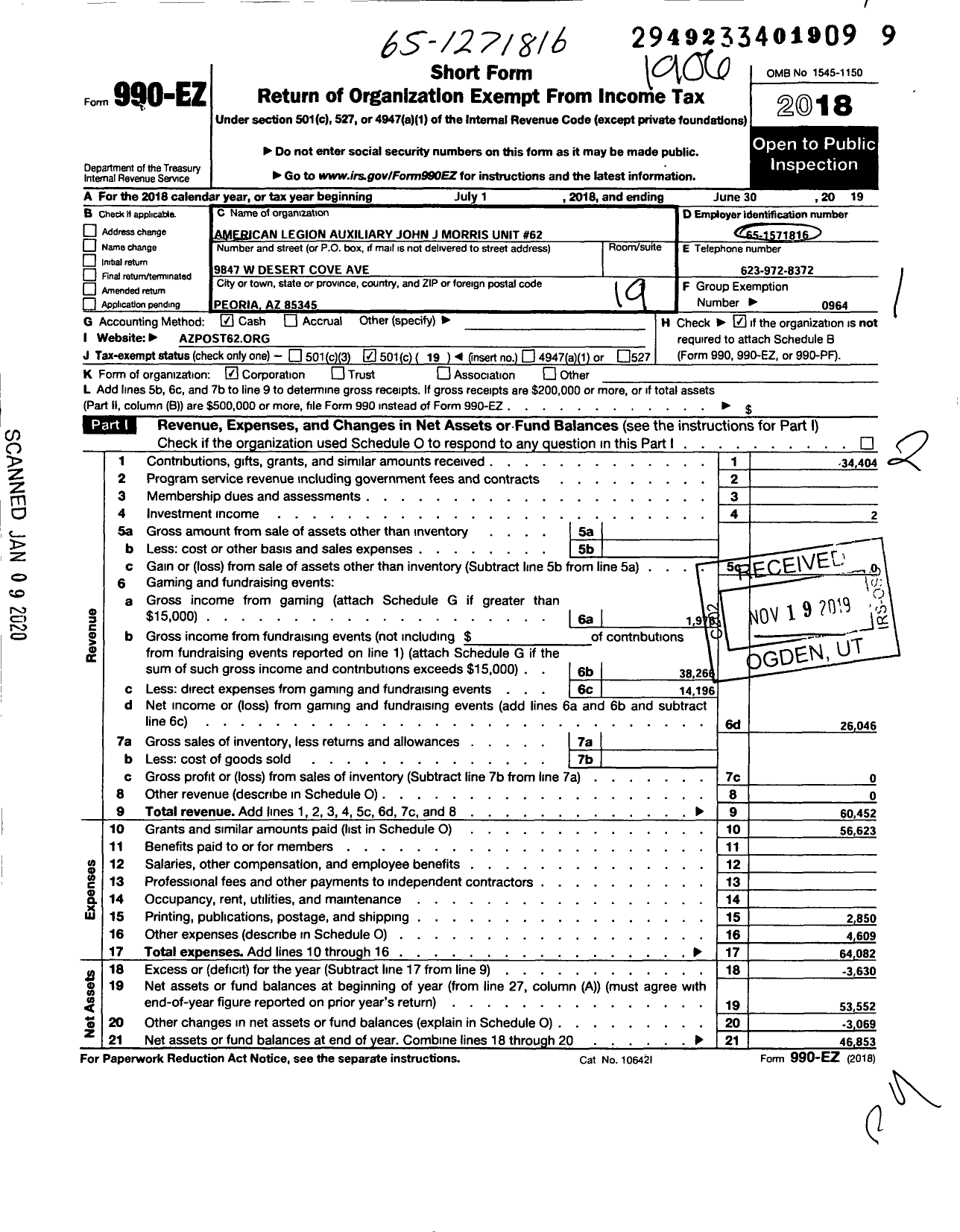 Image of first page of 2018 Form 990EO for American Legion Auxiliary - 62 John J Morris