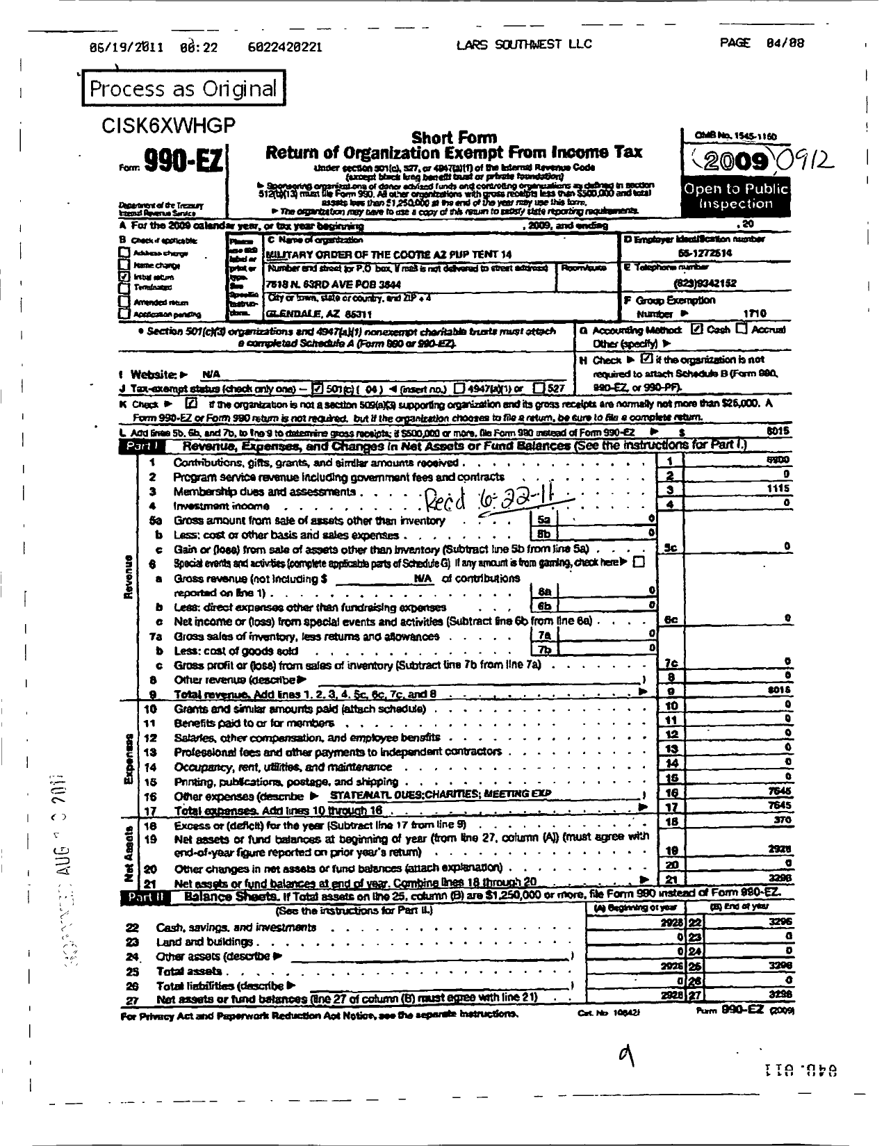 Image of first page of 2009 Form 990EO for Military Order of the Cootie of the United States - 14 Arizona Pup Tent Wilde-E-Coyote