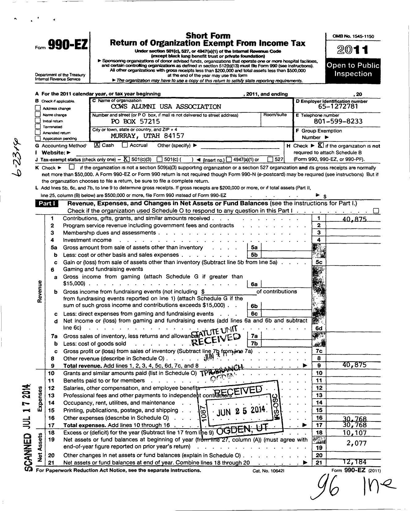 Image of first page of 2011 Form 990EZ for Ccws Alumni USA Association